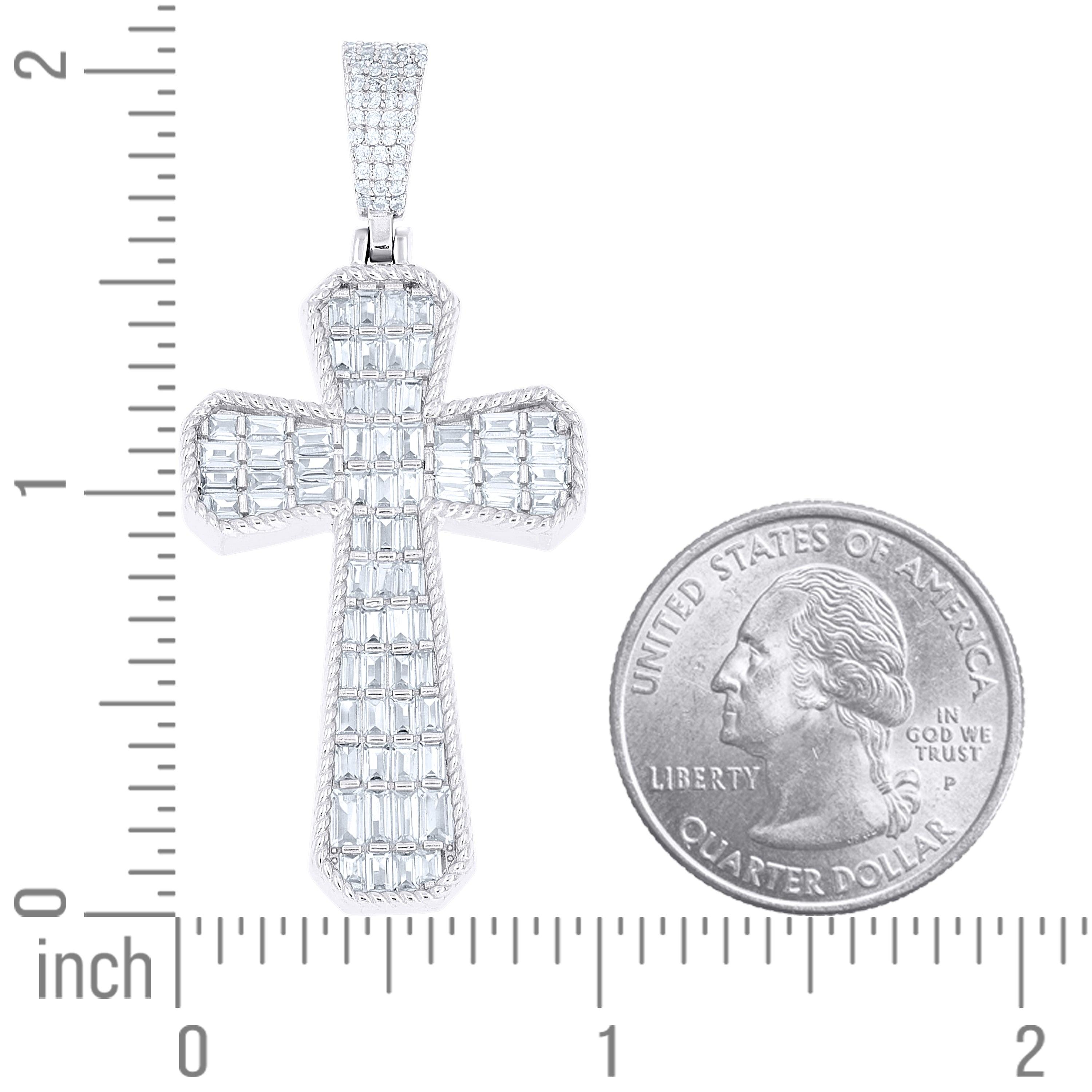 925 Sterling Silver Mens Baguette Round Cubic-Zirconia Cross Religious Charm Pendant
