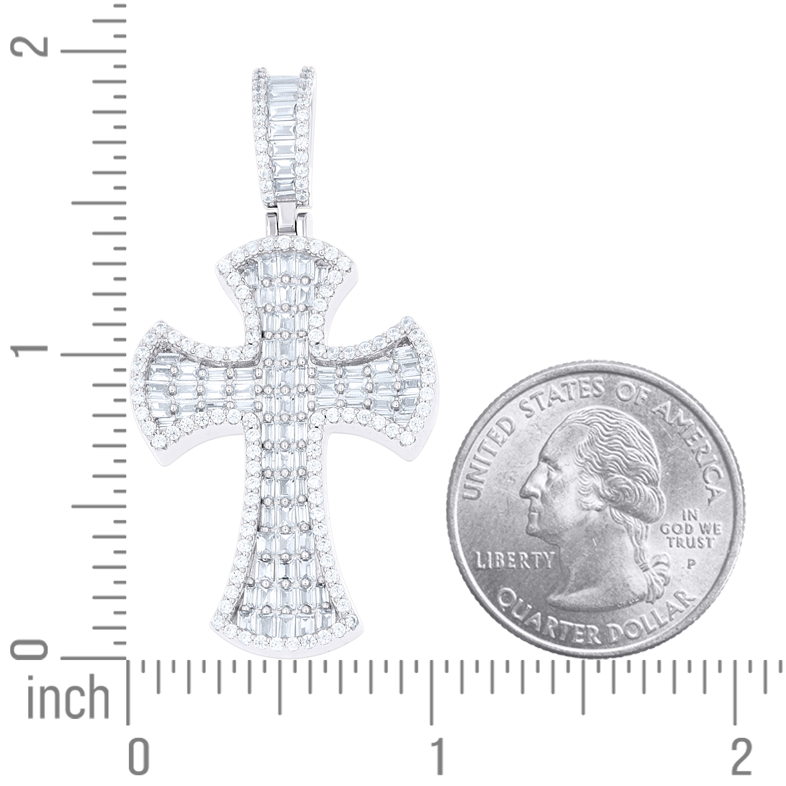 925 Sterling Silver Mens Baguette Round Cubic-Zirconia Cross Religious Charm Pendant