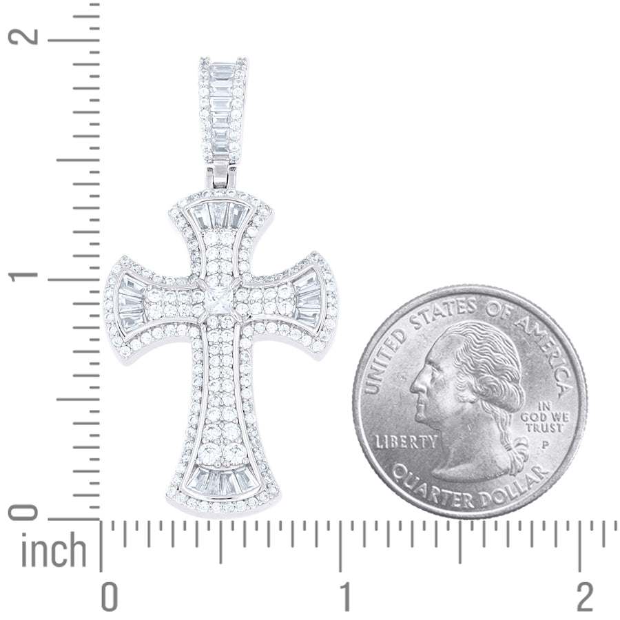 925 Sterling Silver Mens Baguette Round Cubic-Zirconia Cross Religious Charm Pendant