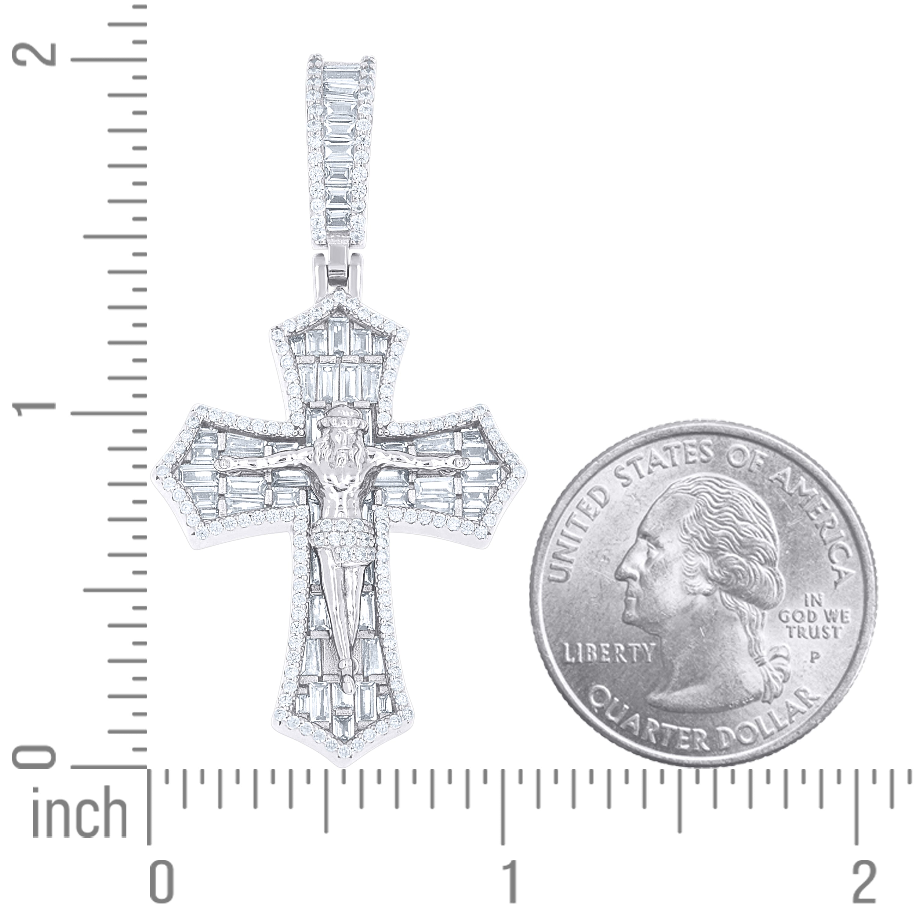925 Sterling Silver Mens Baguette Round Cubic-Zirconia Crucifix Cross Religious Charm Pendant
