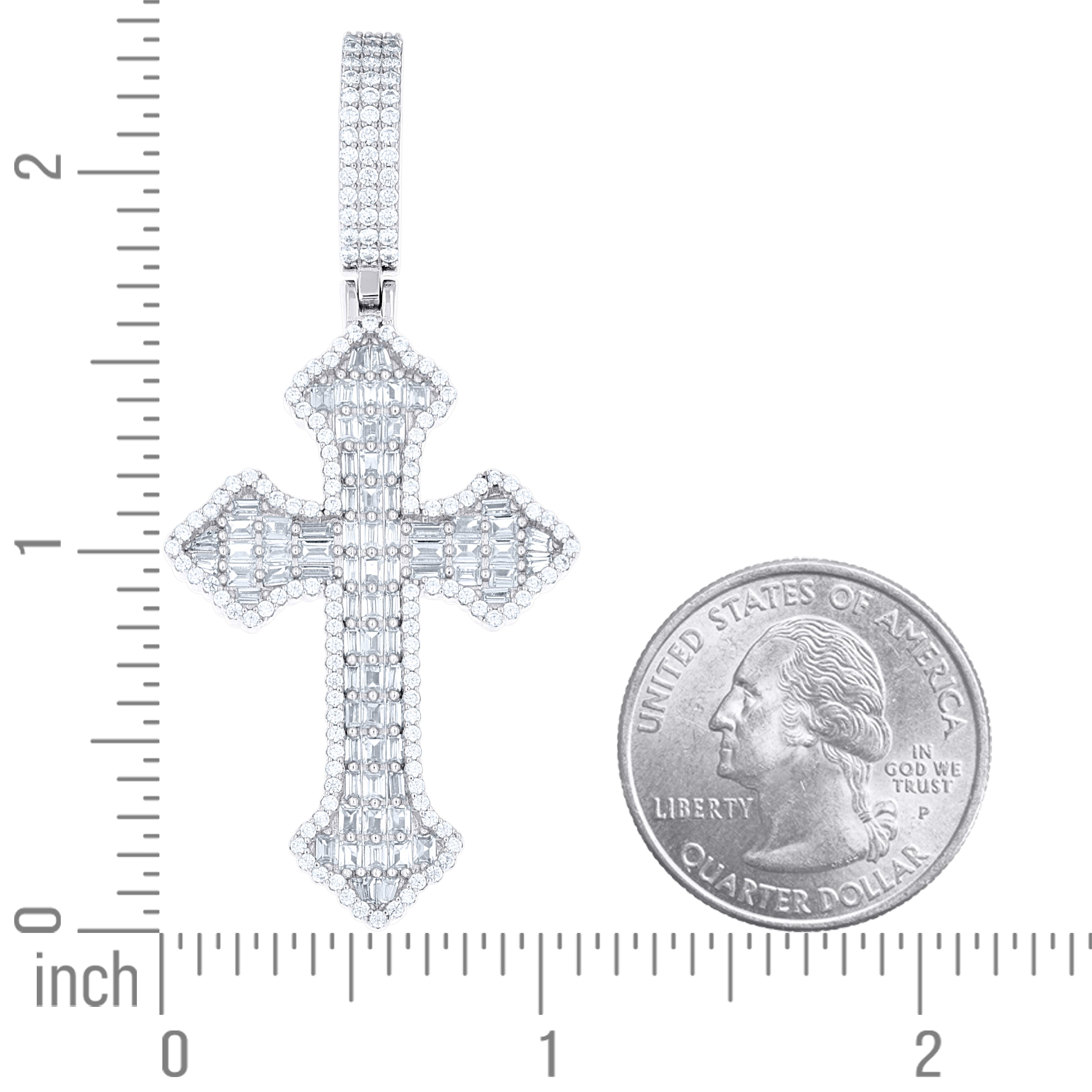925 Sterling Silver Mens Baguette Round Cubic-Zirconia Cross Religious Charm Pendant
