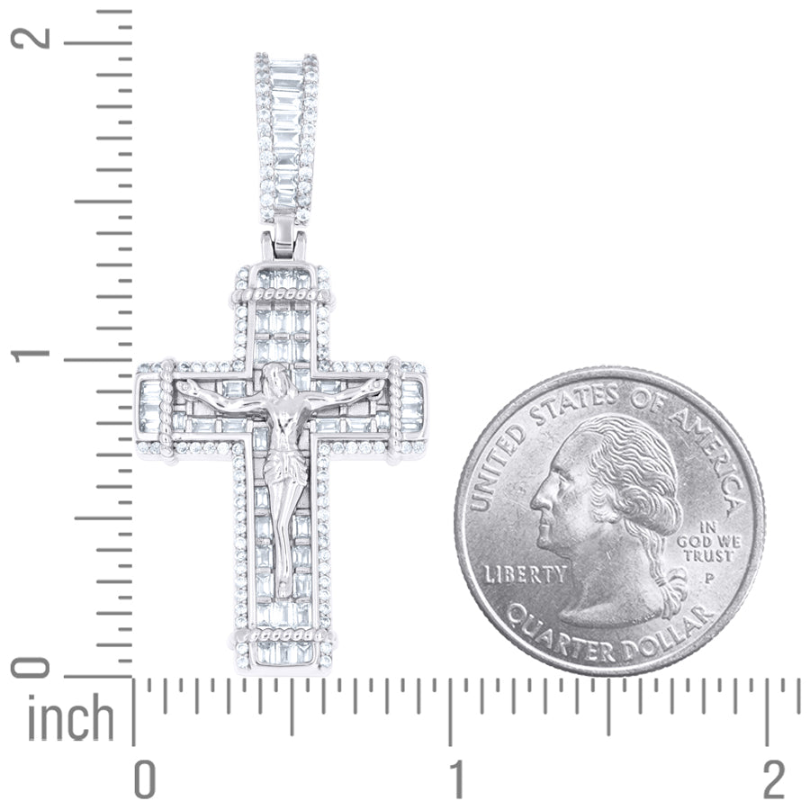925 Sterling Silver Mens Baguette Round Cubic-Zirconia Crucifix Cross Religious Charm Pendant