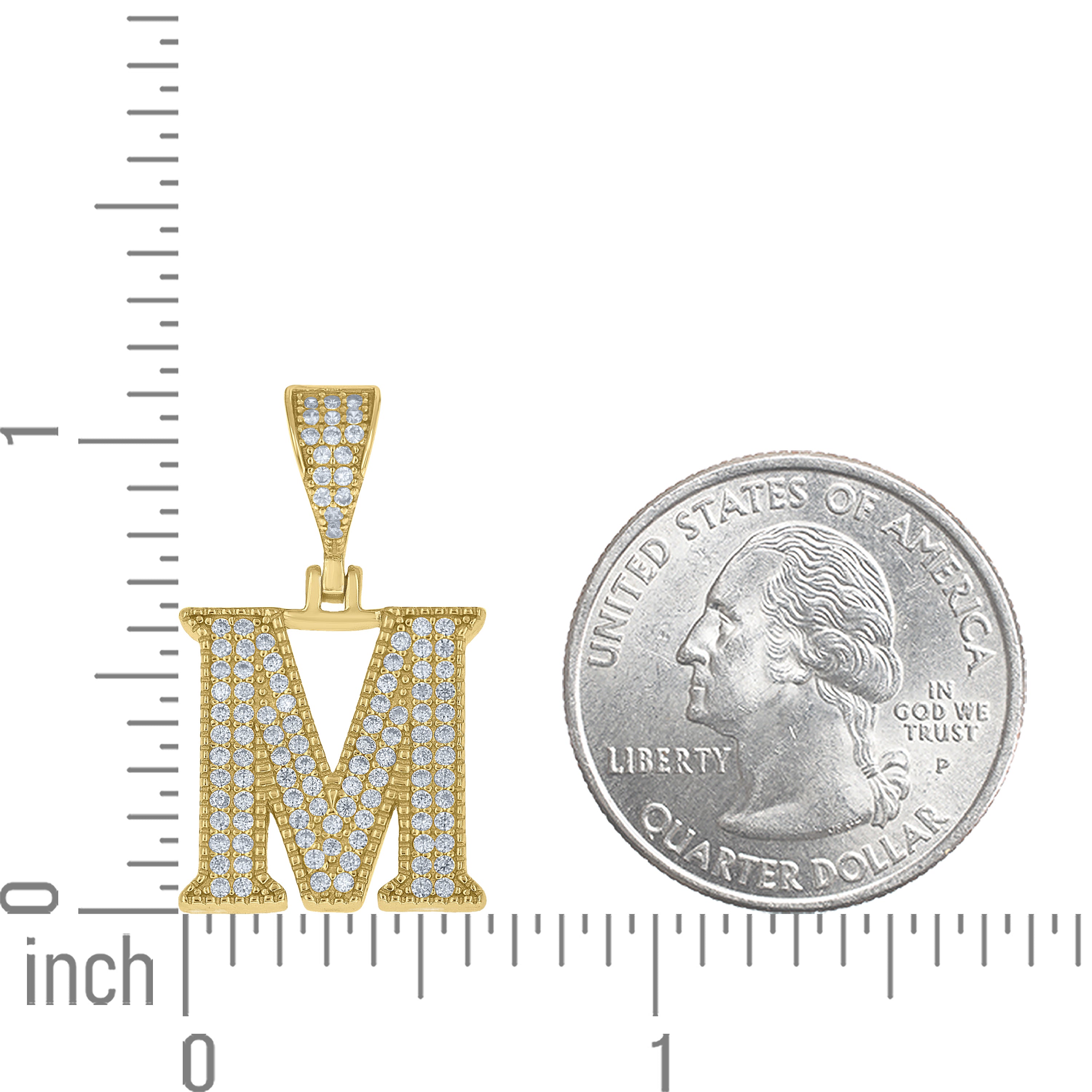 925 Sterling Silver Yellow-Tone Unisex Cubic-Zirconia Initial Alphabet M Charm Pendant