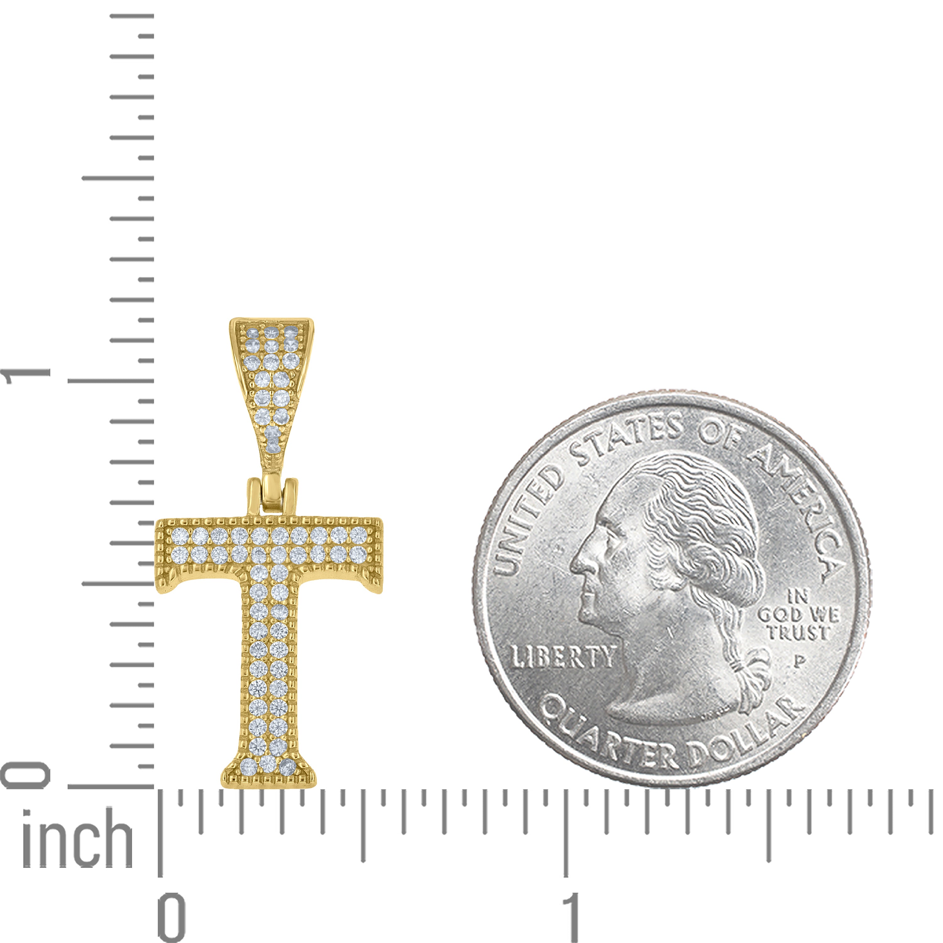 925 Sterling Silver Yellow-Tone Unisex Cubic-Zirconia Initial Alphabet T Charm Pendant