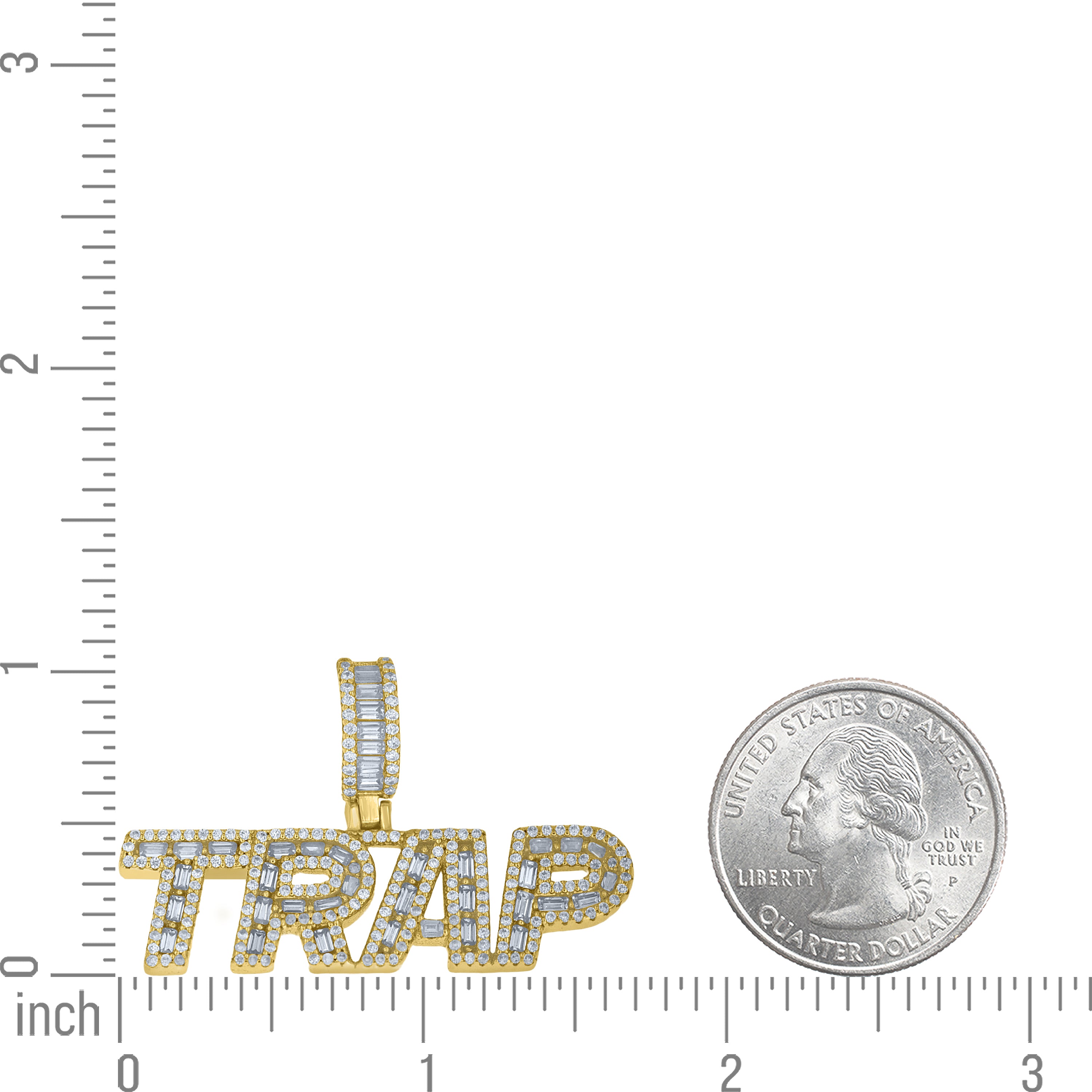 925 Sterling Silver Yellow-Tone Unisex Baguette Round Cubic-Zirconia TRAP Talking Pendant
