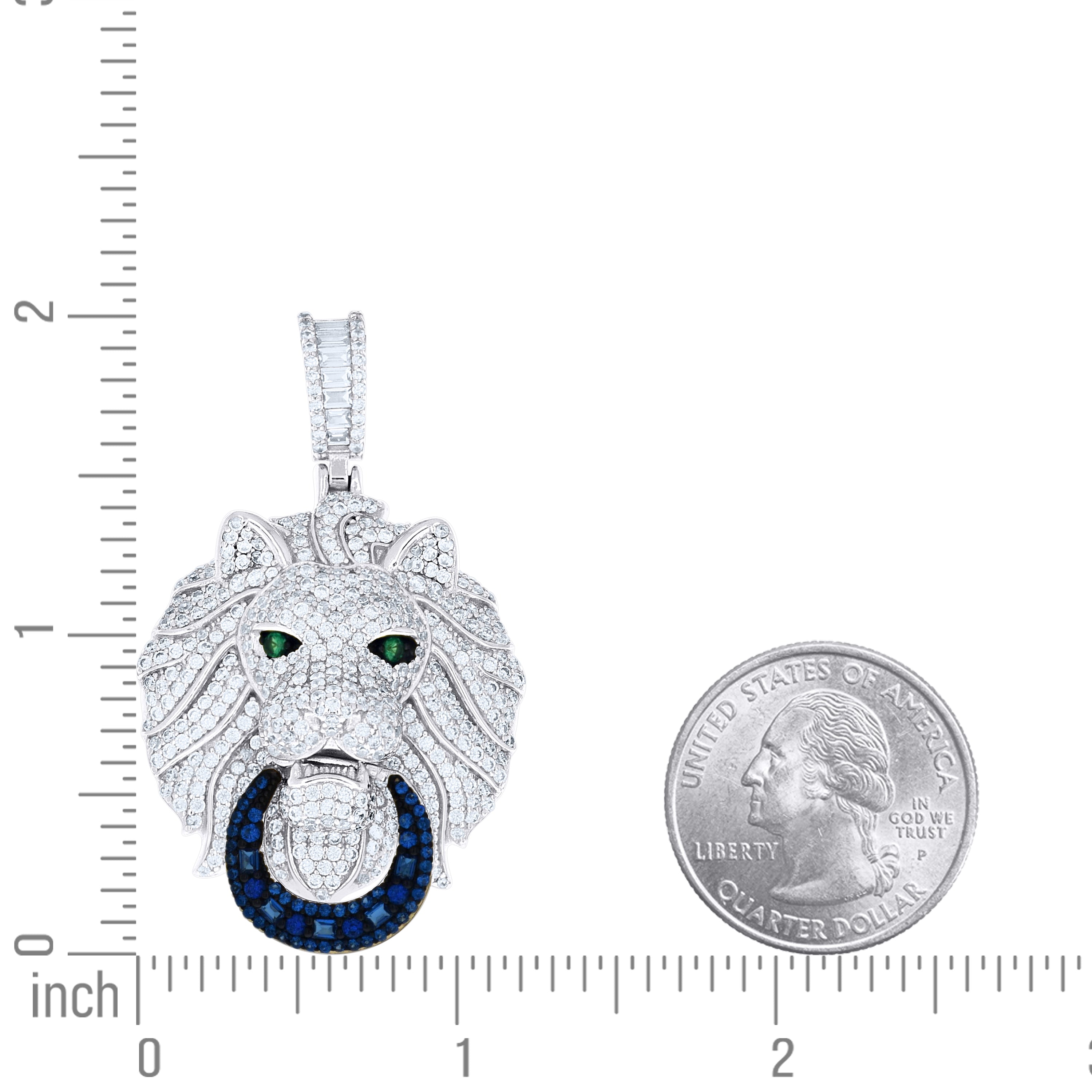 925 Sterling Silver Mens Round Baguette White Blue/Green Cubic-Zirconia Lion Head Animal Pendant