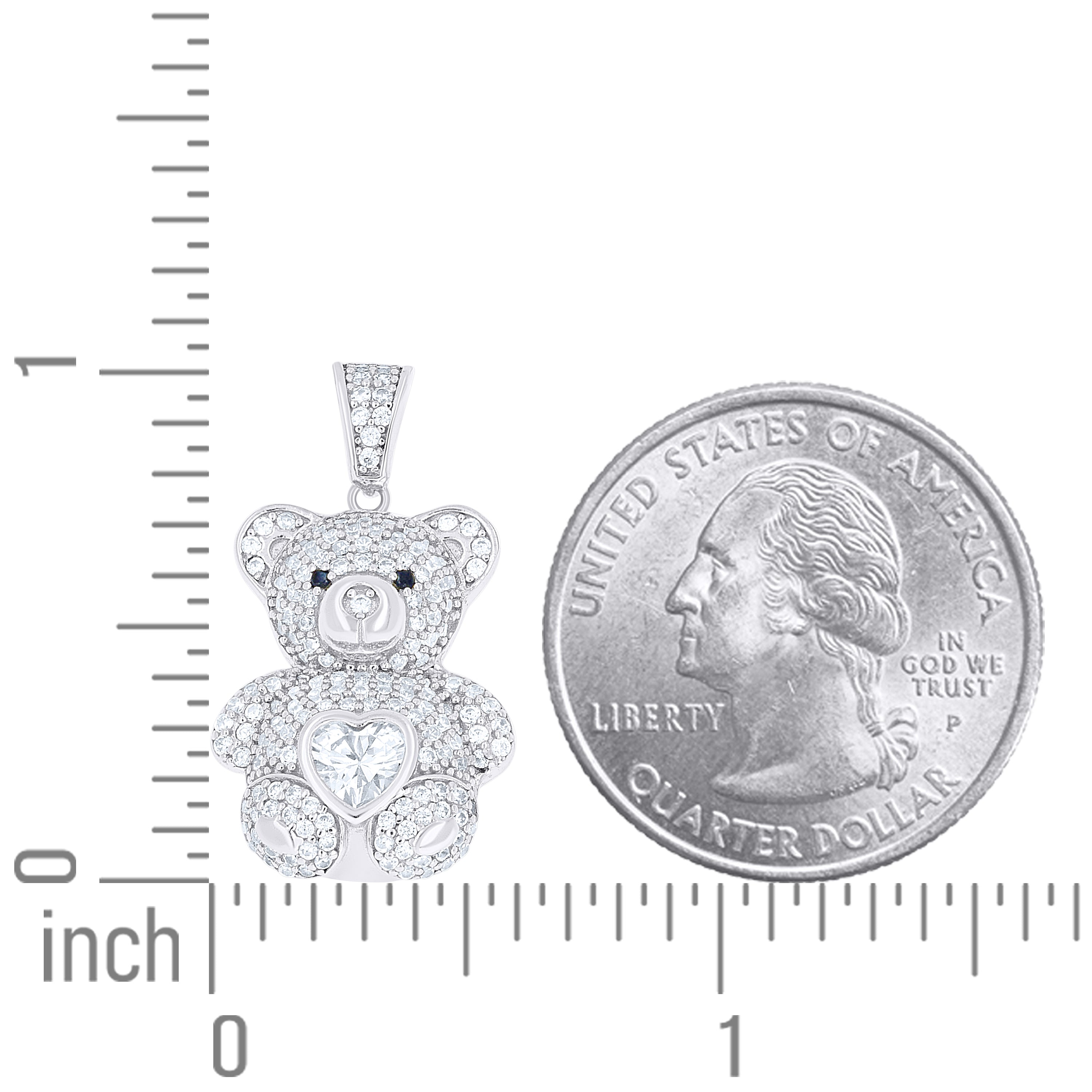 925 Sterling Silver Womens Round Heart White Black Cubic-Zirconia Teddy Bear Pendant
