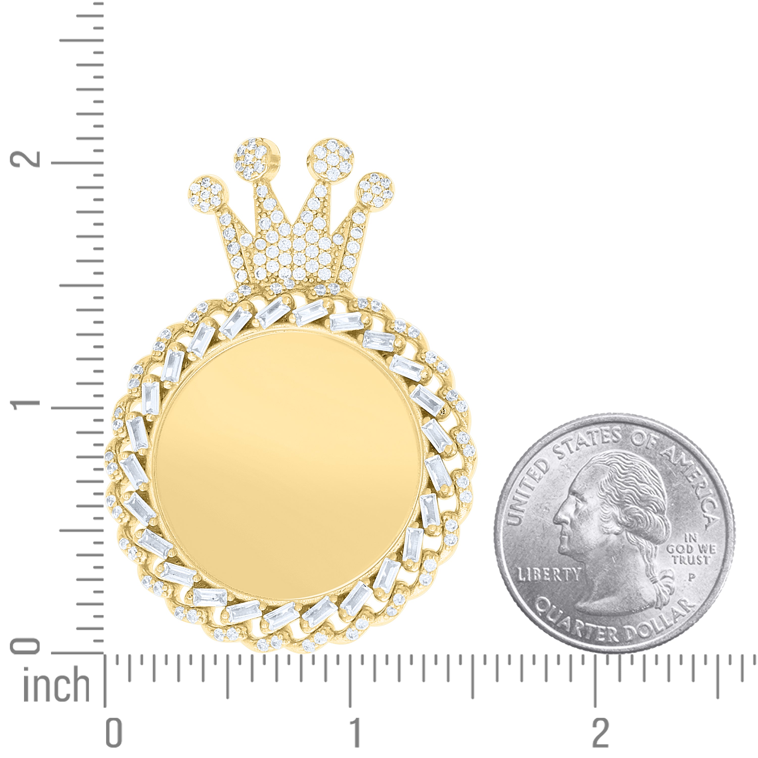 925 Sterling Silver Yellow-tone Unisex Round Baguette Cubic-Zirconia Crown Picture Frame Pendant