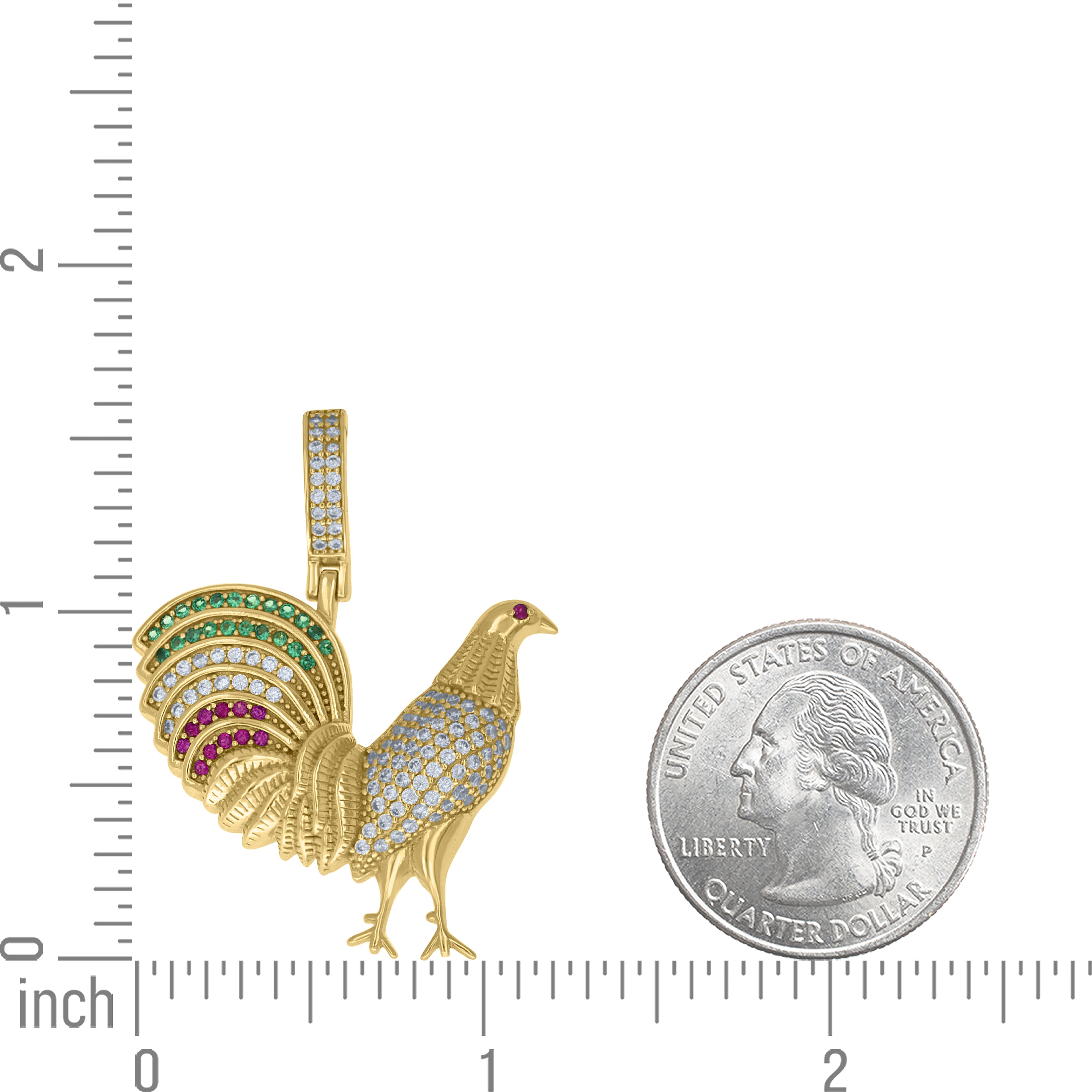 925 Sterling Silver Yellow-Tone Unisex Green Pink White Cubic-Zirconia Rooster Fashion Pendant