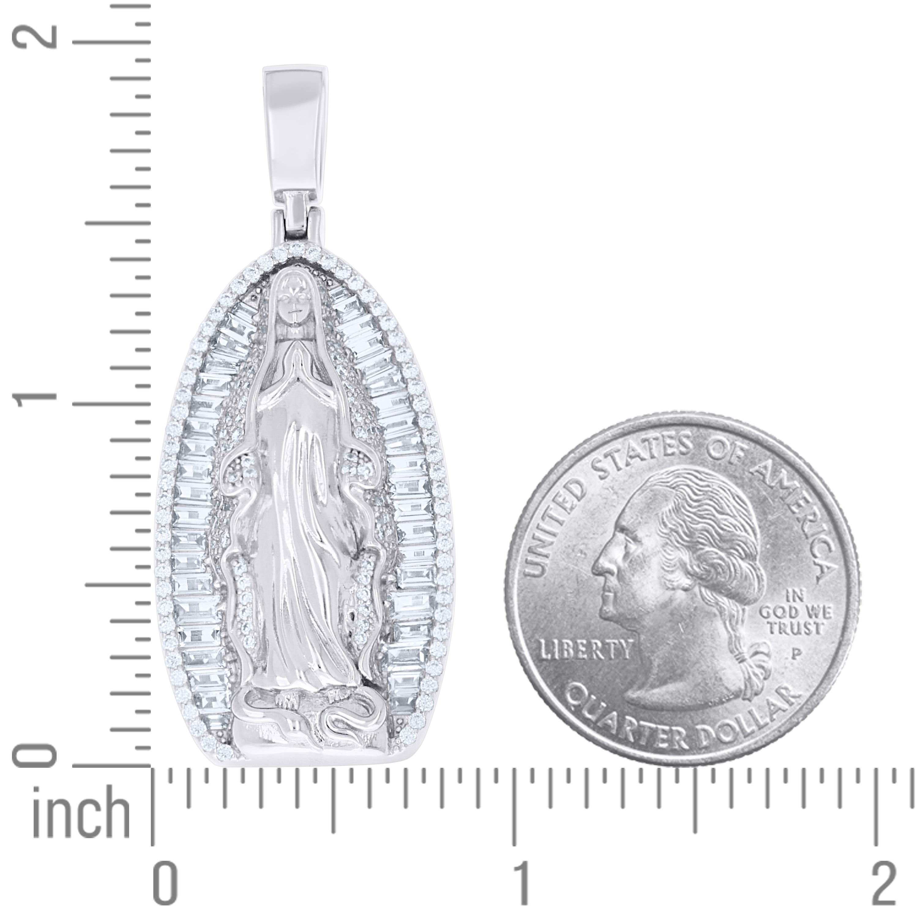 925 Sterling Silver Men Round Baguette Cubic-Zirconia Guadalupe Religious Charm Pendant