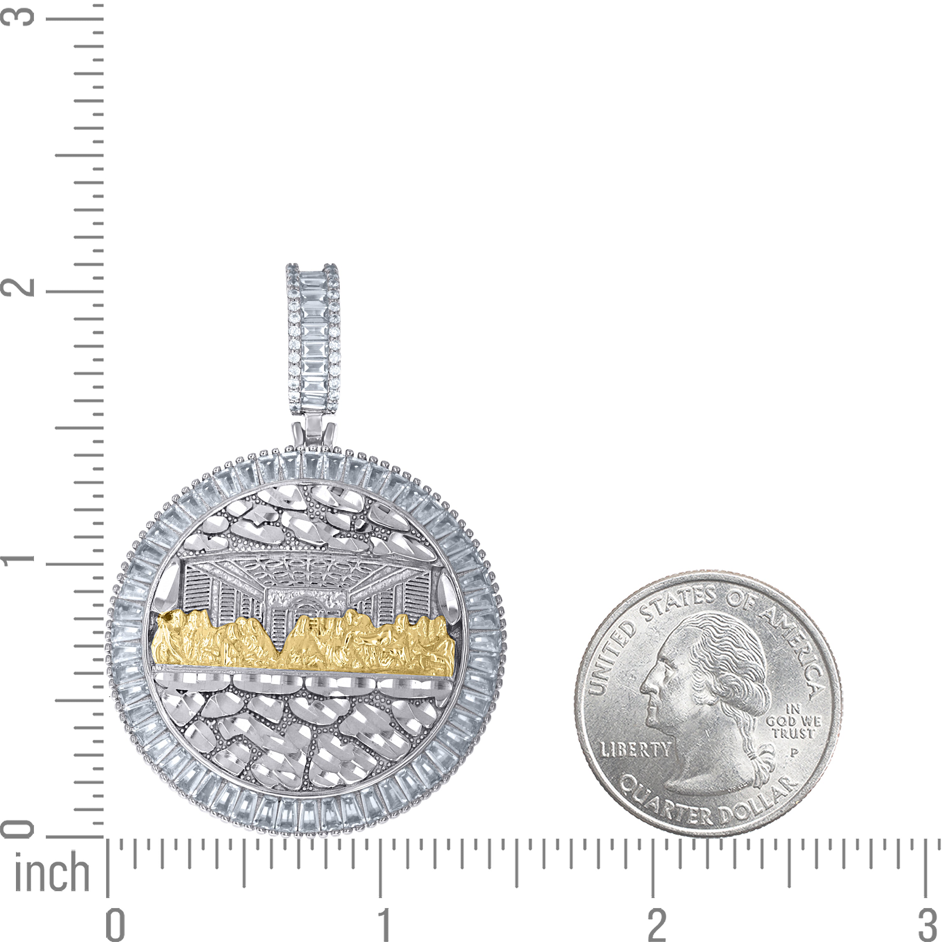 925 Sterling Silver Yellow-Tone Mens Baguette Round Cubic-Zirconia Nugget Last Supper Pendant