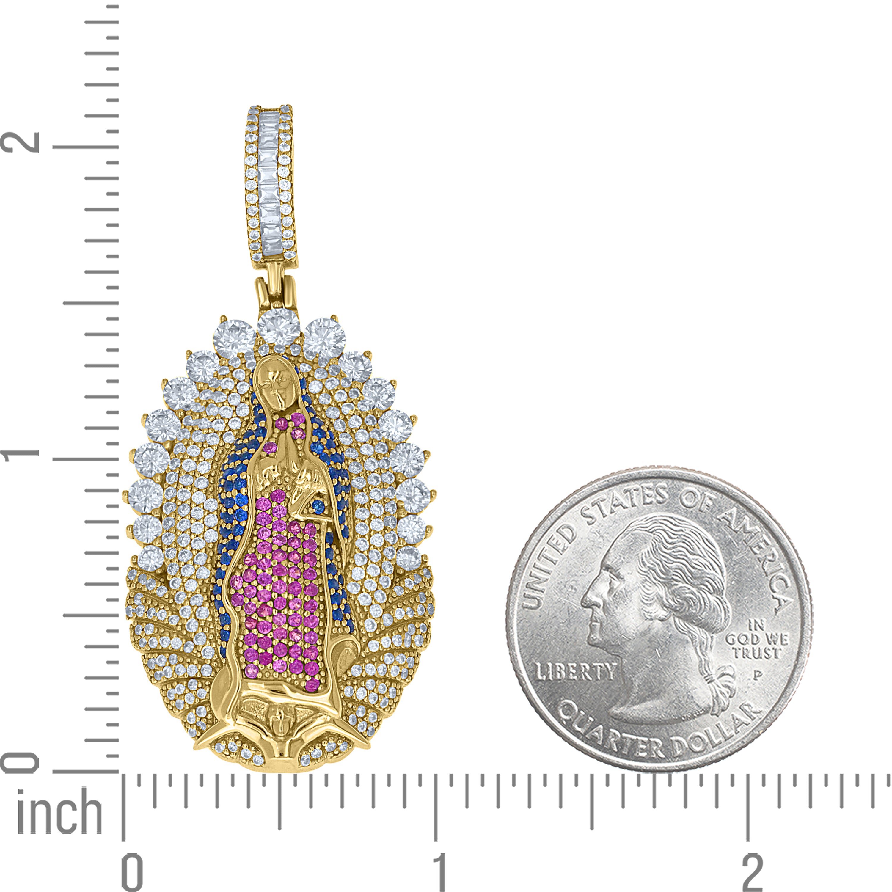 925 Sterling Silver Yellow-Tone Unisex Pink Blue White Cubic-Zirconia Guadalupe Pendant