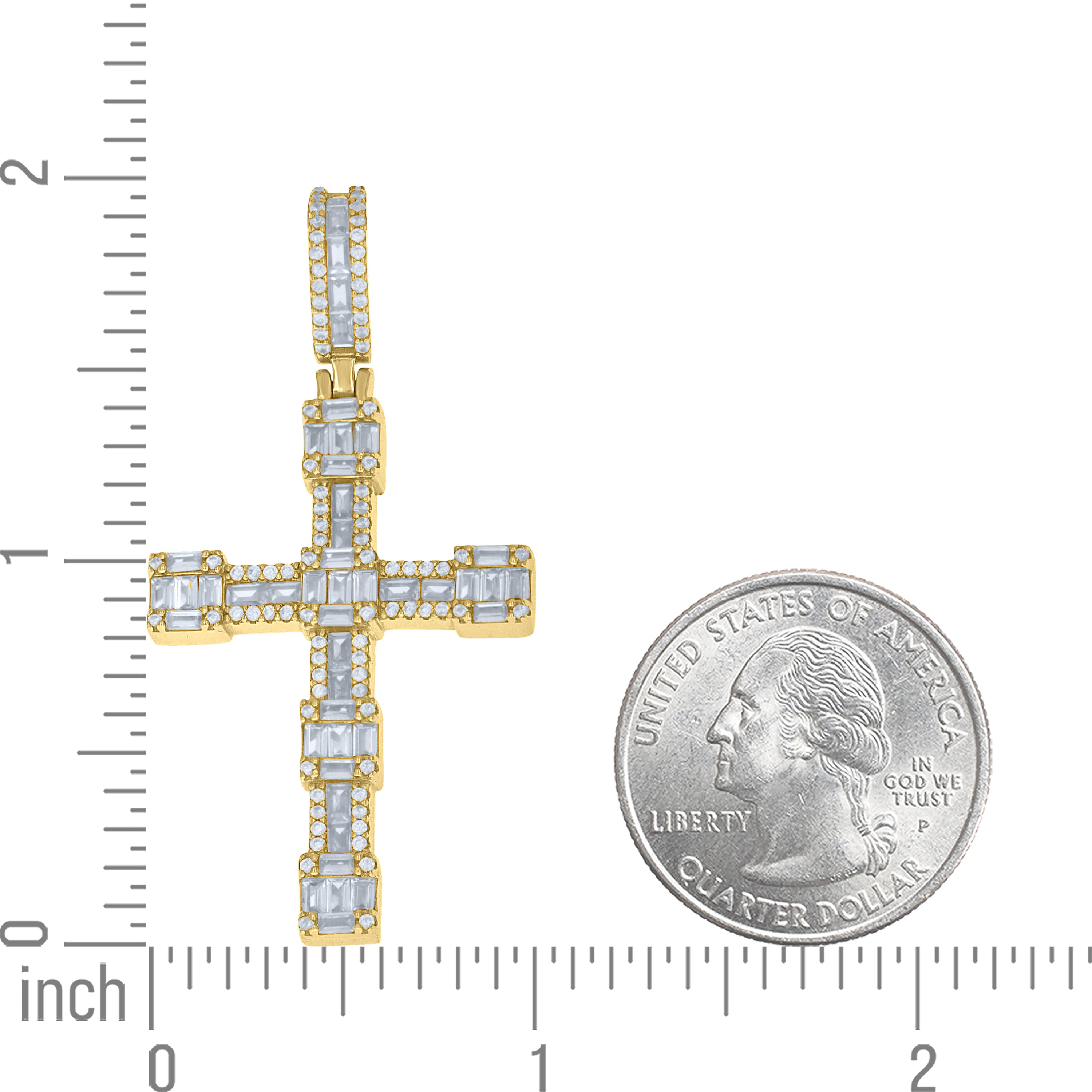 925 Sterling Silver Yellow-Tone Unisex Baguette Round Cubic-Zirconia Cross Religious Pendant