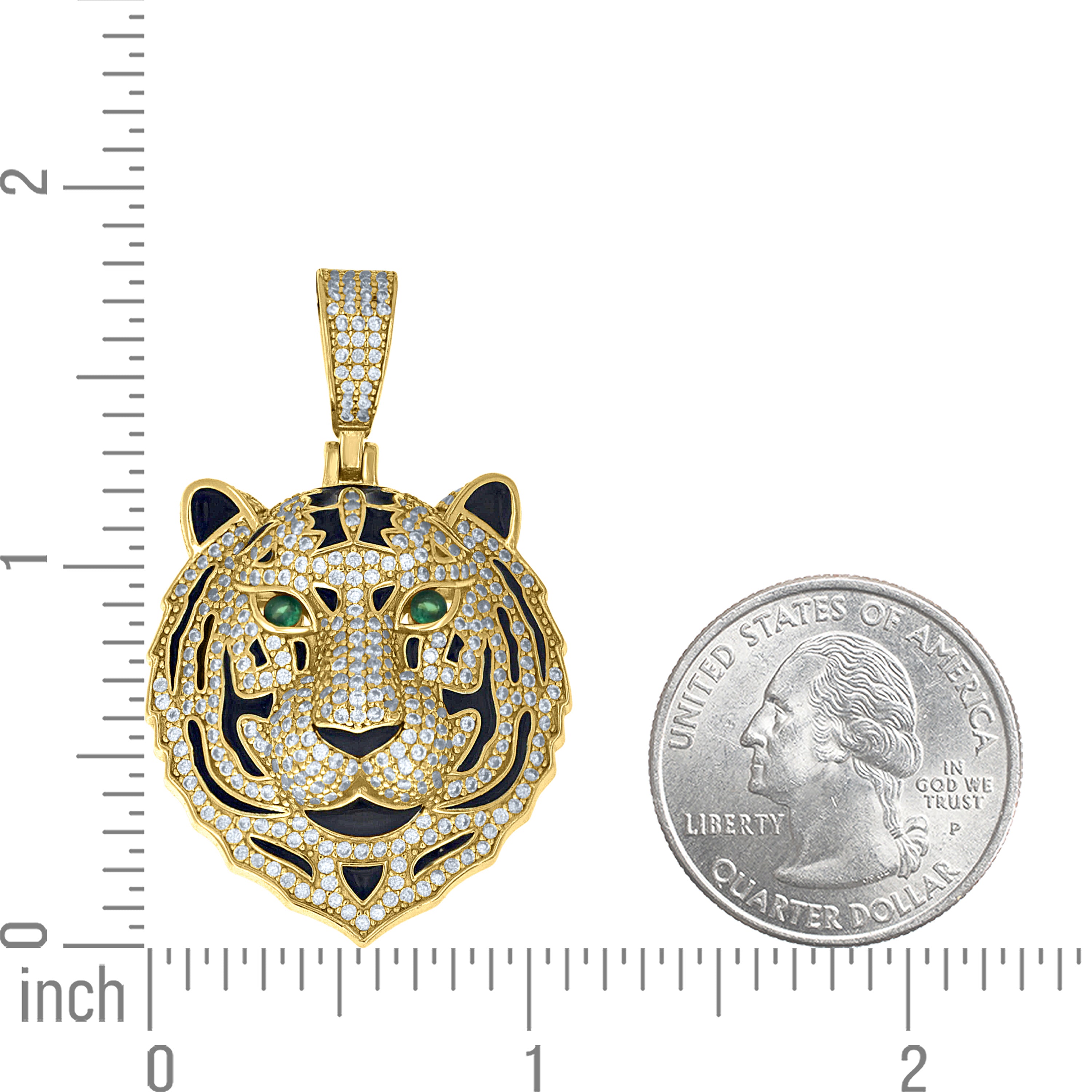 925 Sterling Silver Yellow-Tone Mens Green White Cubic-Zirconia Enameled Tiger Head Pendant