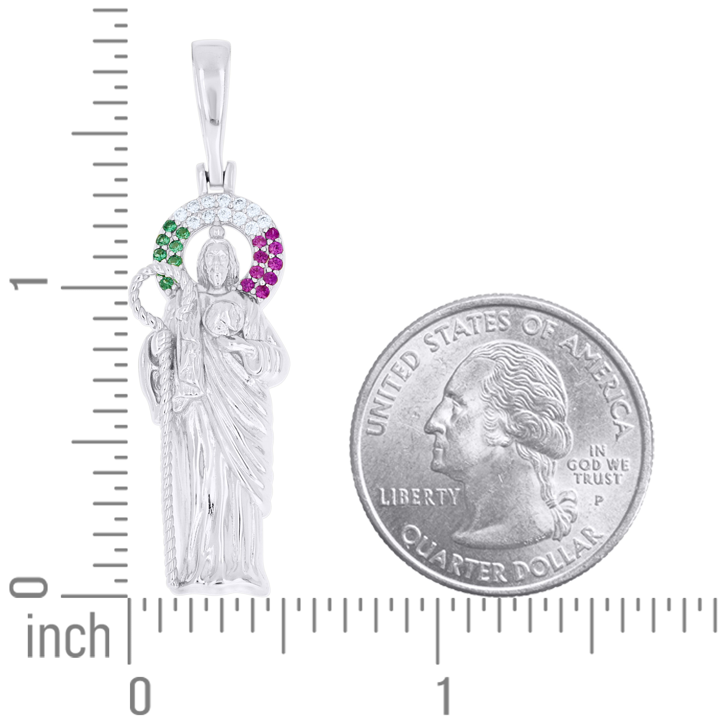 925 Sterling Silver Unisex Green Pink White Cubic-Zirconia St. Jude Religious Pendant