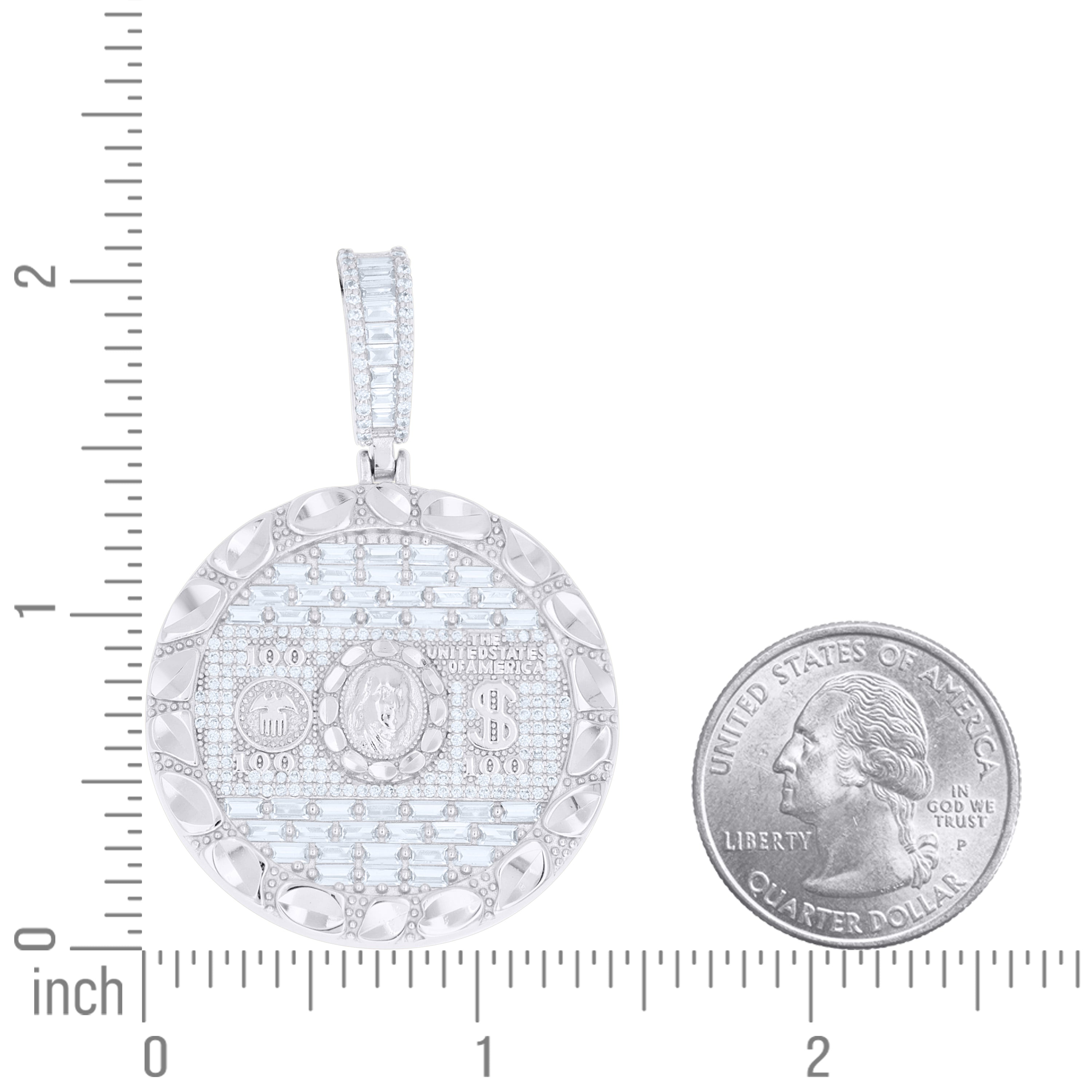 925 Sterling Silver Mens Baguette Round Cubic-Zirconia 100 Dollar Bill Currency Pendant