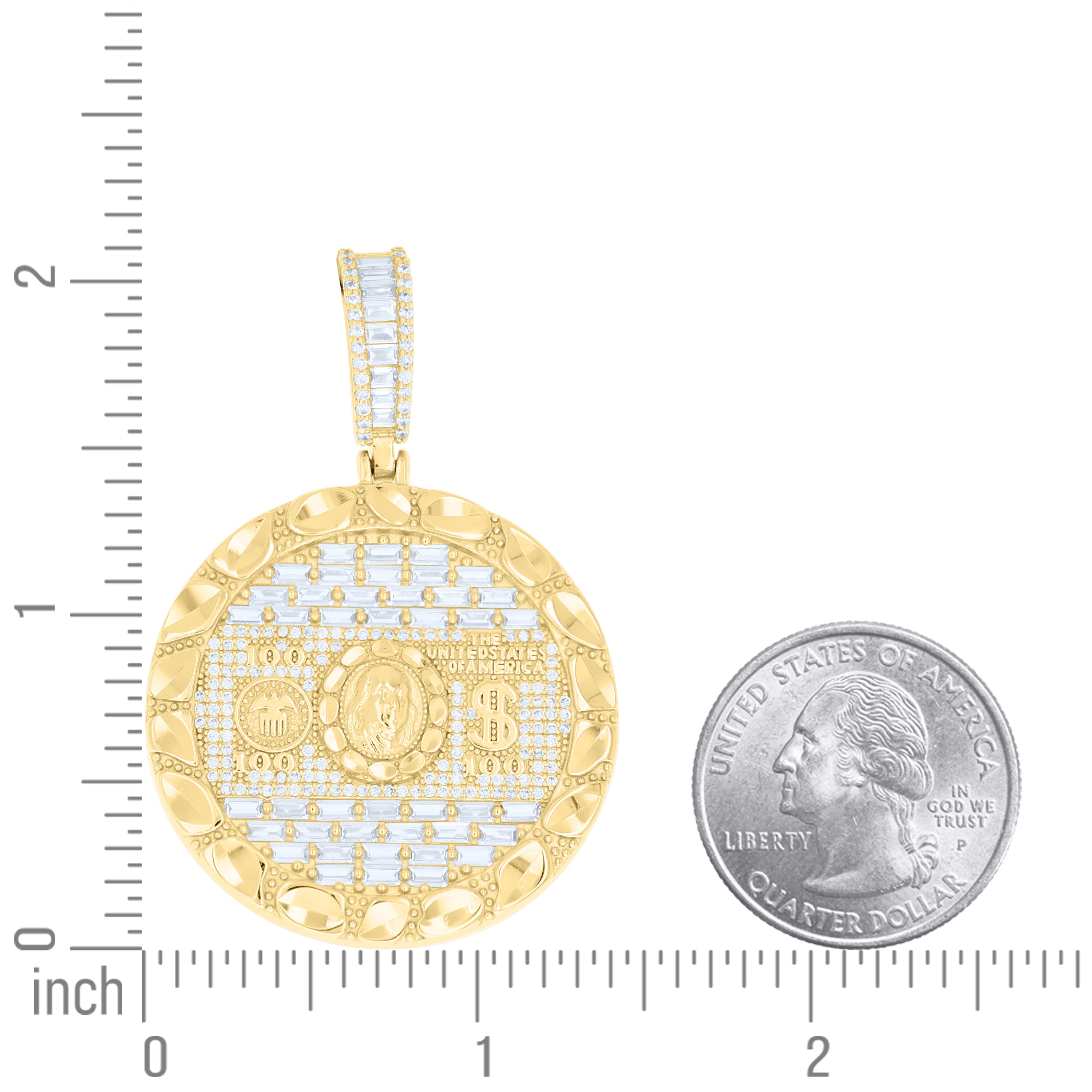 925 Sterling Silver Yellow-Tone Mens Baguette Round Cubic-Zirconia 100 Dollar Bill Currency Pendant