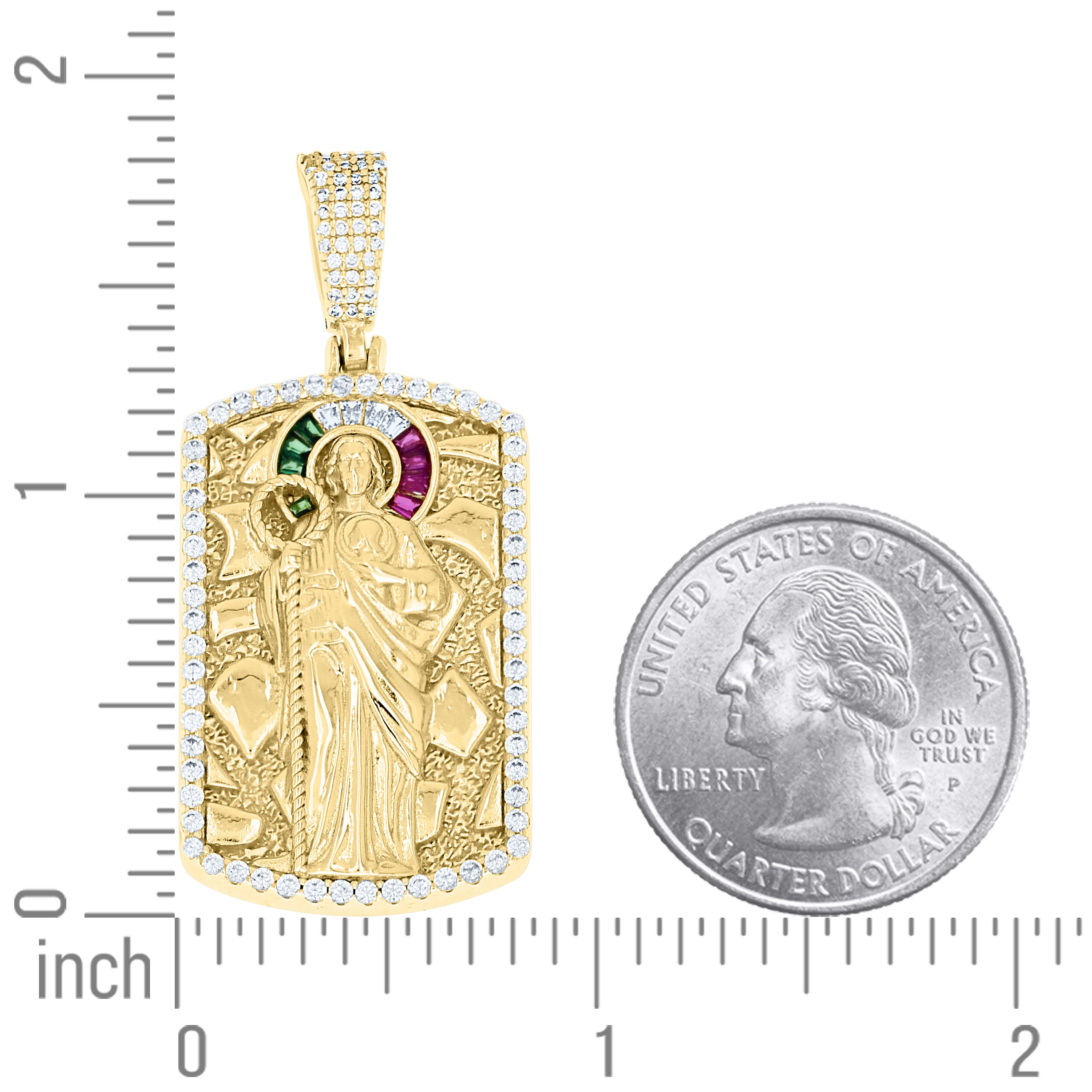 925 Sterling Silver Yellow-tone Men White Green/Purple Round Baguette Cubic-Zirconia Nugget Dog Tag St. Jude Religious Charm Pendant
