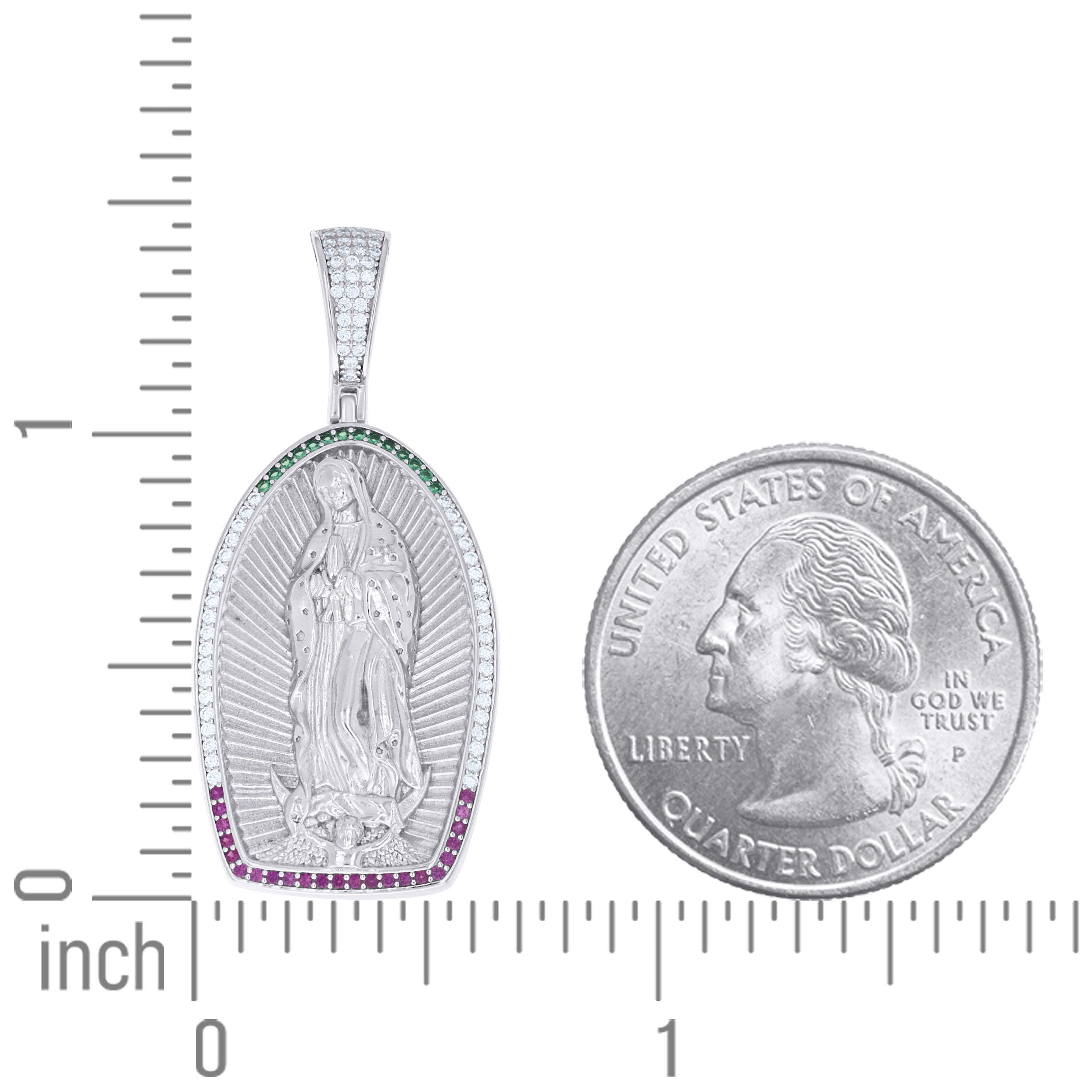 925 Sterling Silver Unisex White Green/Purple Cubic-Zirconia Guadalupe Religious Charm Pendant