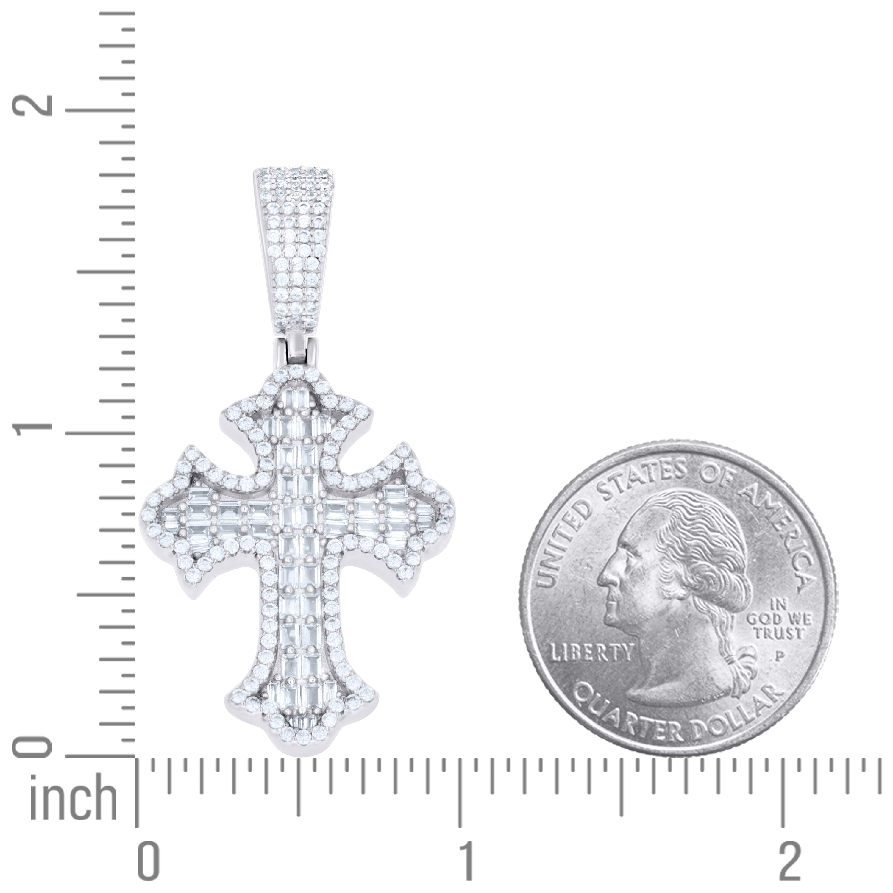 925 Sterling Silver Unisex Round Baguette Cubic-Zirconia Cross Religious Charm Pendant
