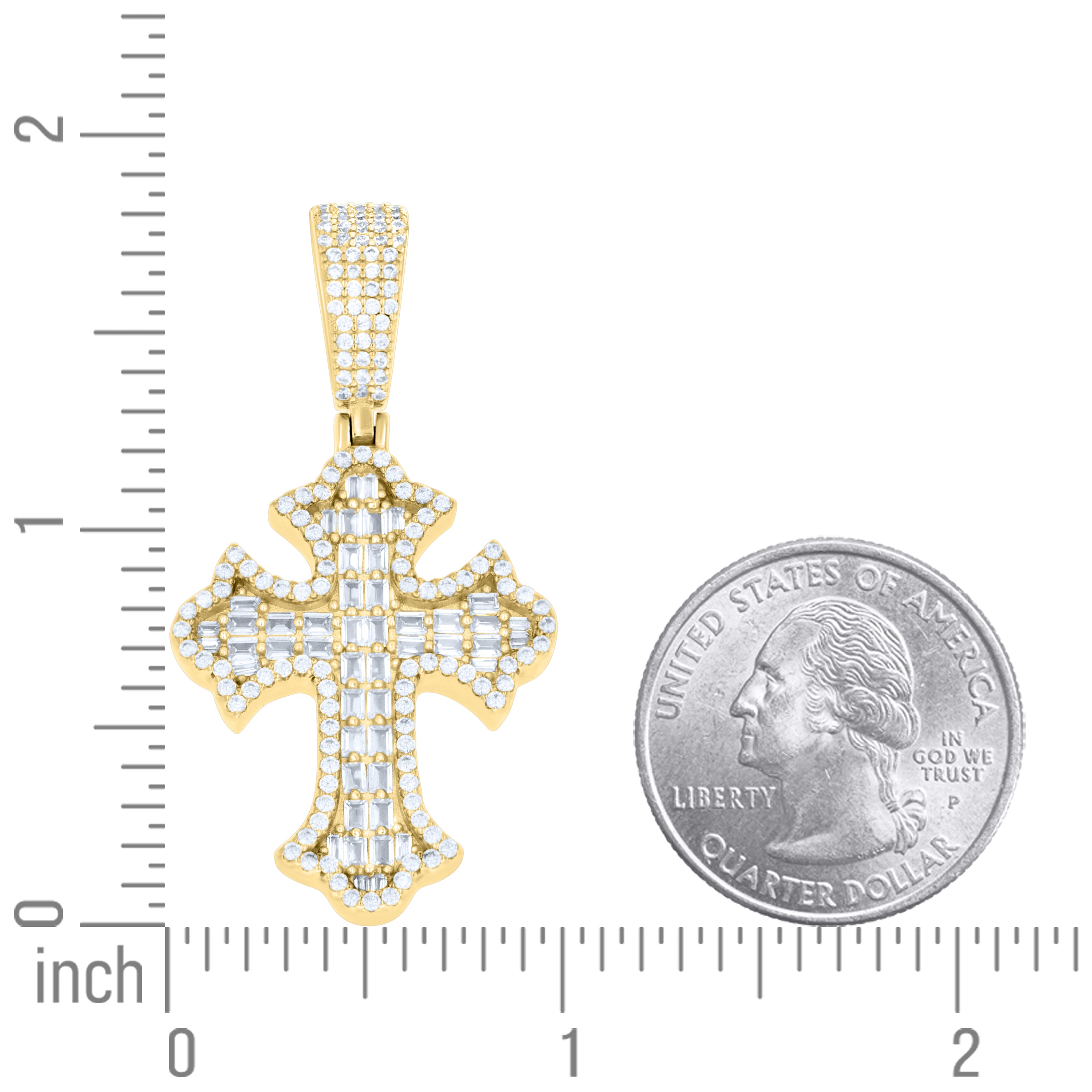 925 Sterling Silver Yellow-tone Unisex Round Baguette Cubic-Zirconia Cross Religious Charm Pendant