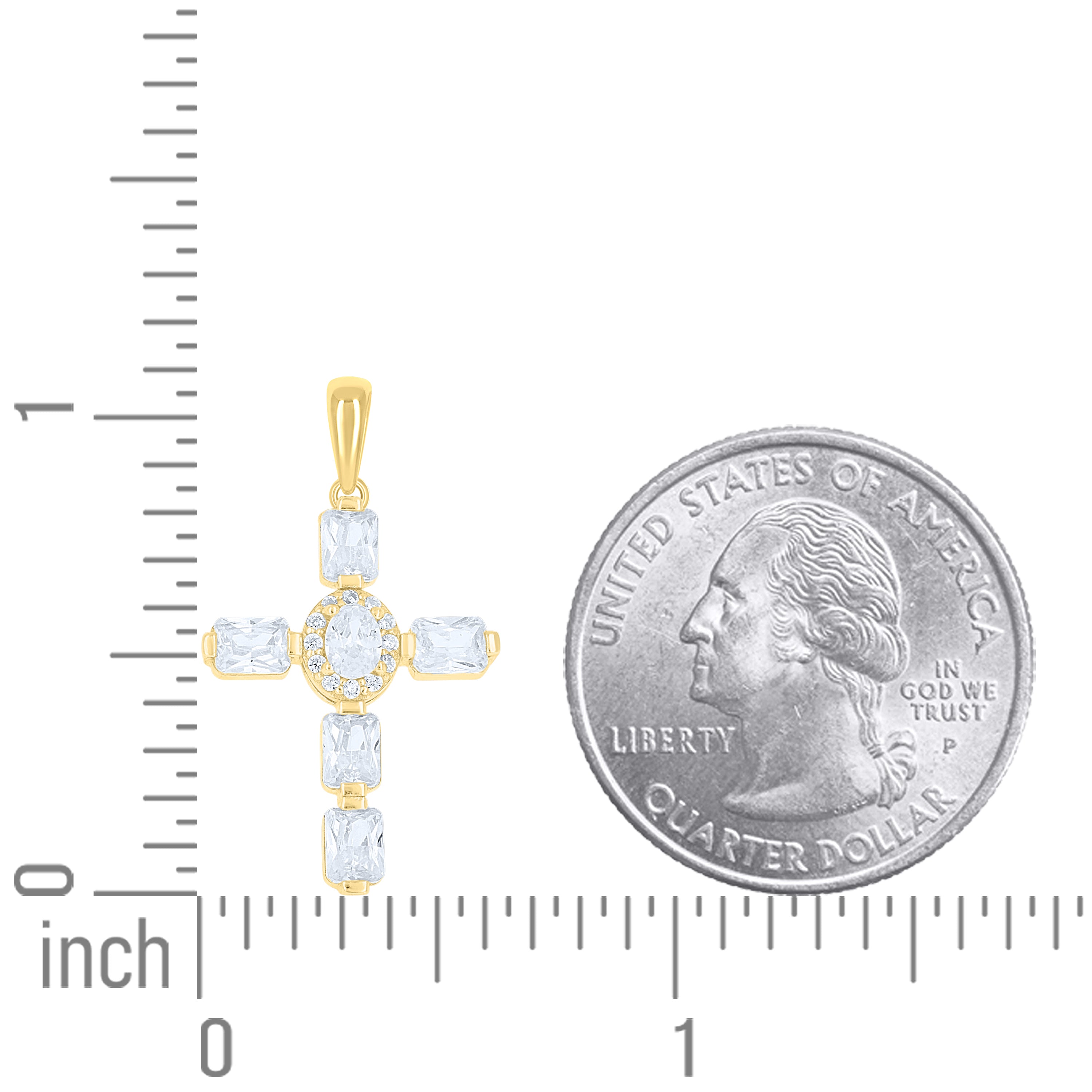 925 Sterling Silver Yellow-tone Unisex Round Oval/Emerald-cut Cubic-Zirconia Cross Religious Charm Pendant