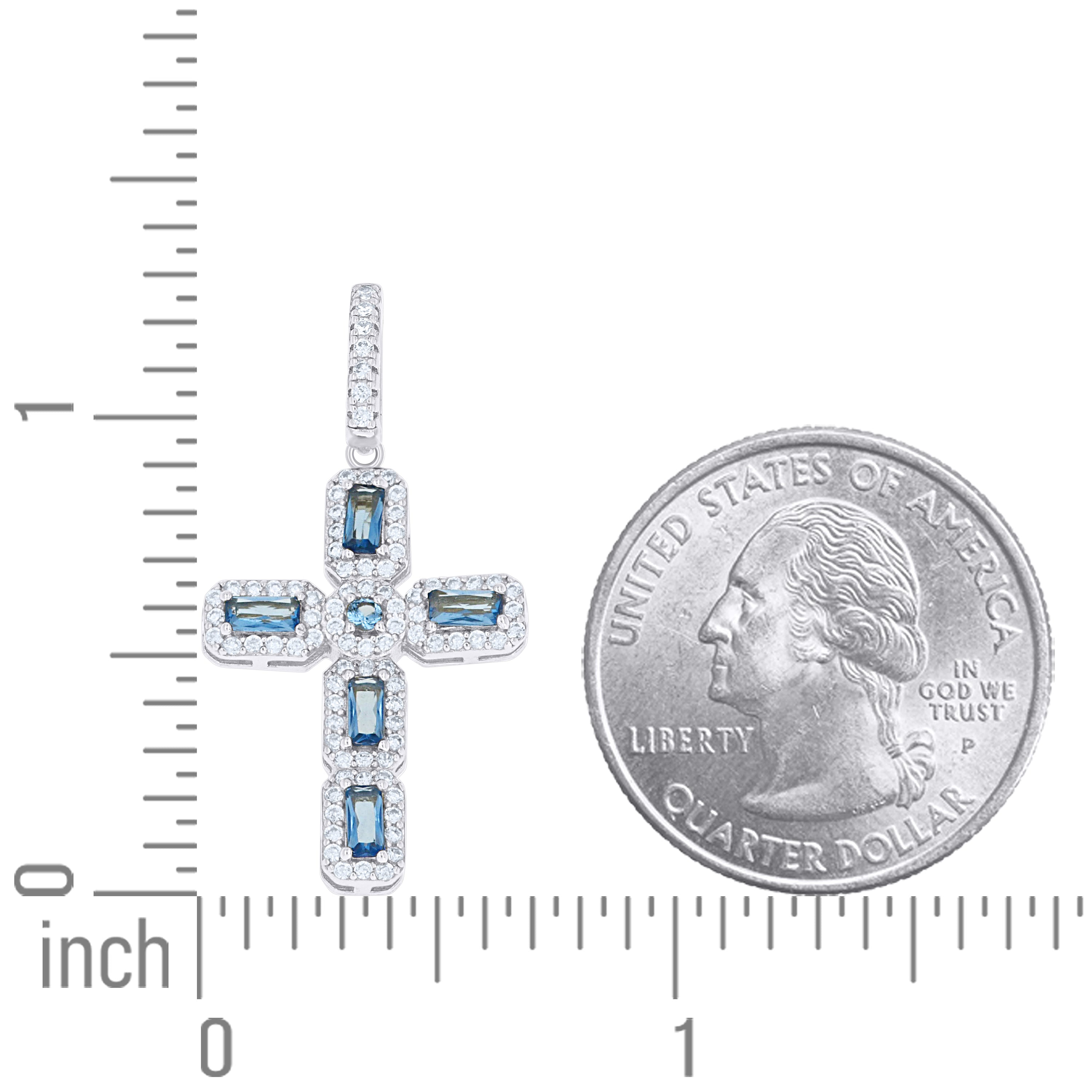 925 Sterling Silver Unisex White Blue Round Emerald-cut Cubic-Zirconia Cross Religious Charm Pendant