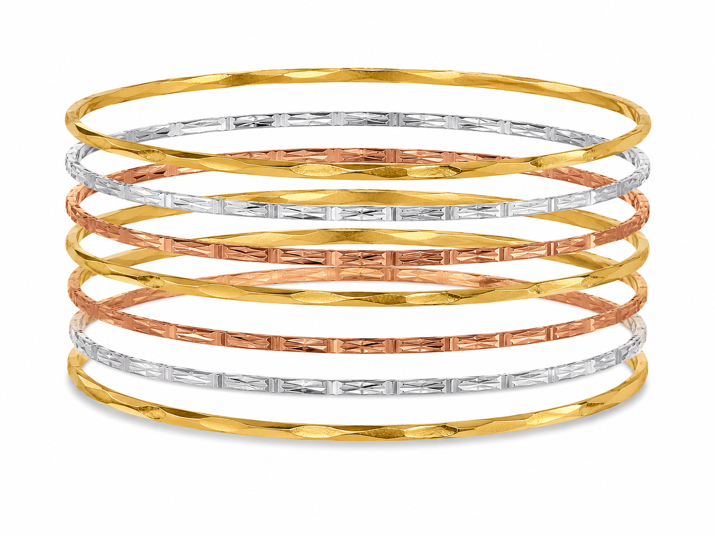 14KT Tri Tone Gold 7 Piece Slip on Bangle Bracelet Set