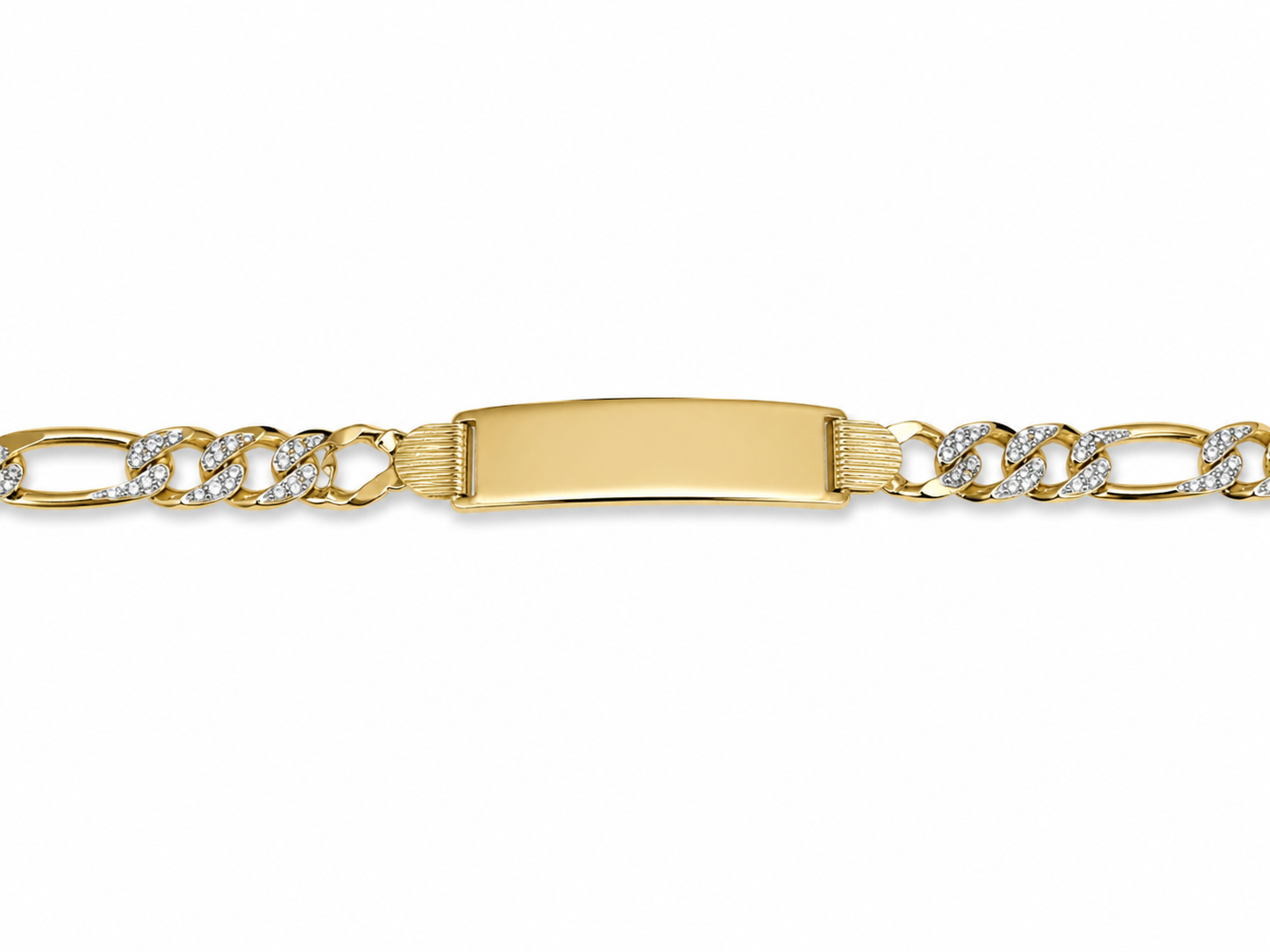 14KT Yellow Gold ID Cubic Zirconium 9.5 MM Figaro Link Bracelet