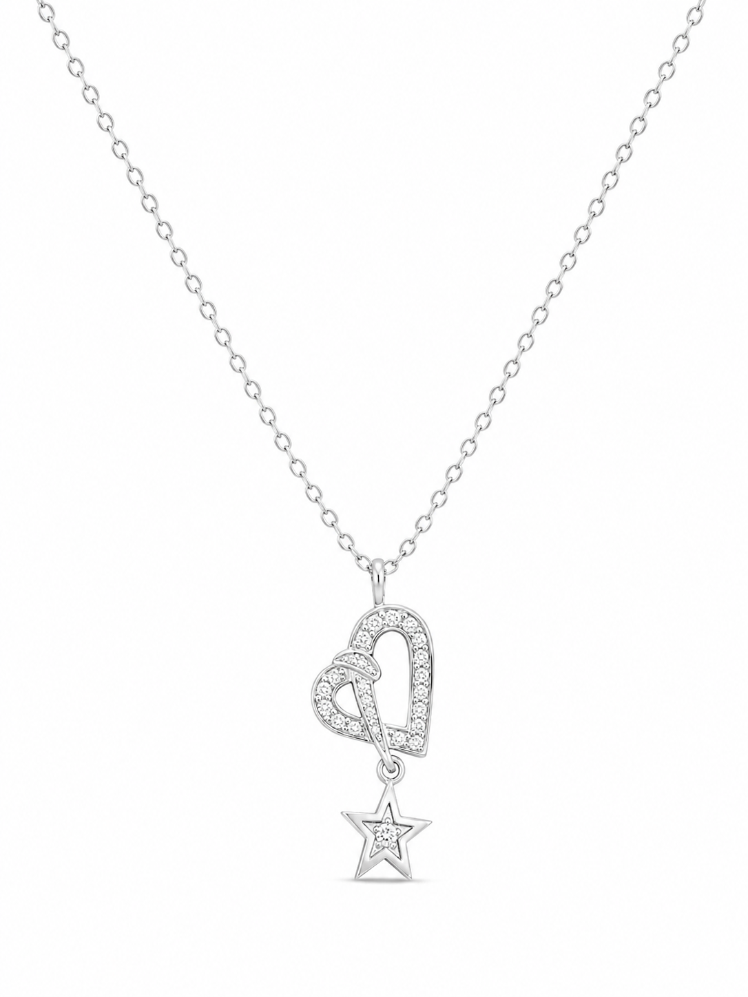 925 Sterling Silver Cubic Zirconium Lobster Lock Heart With Star Necklace
