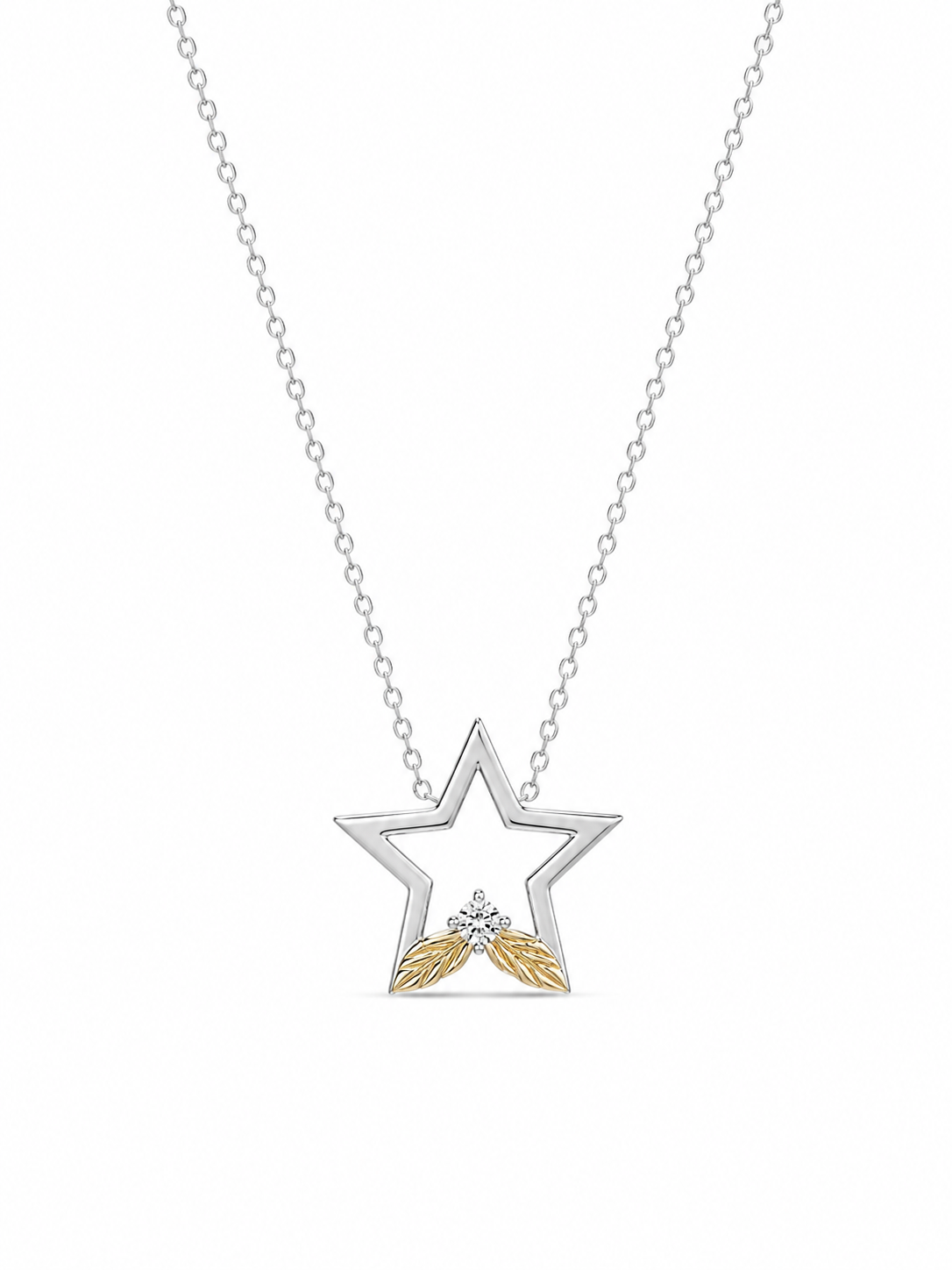 925 Two-Tone Sterling Silver Cubic Zirconium Star Angel Wings Necklace