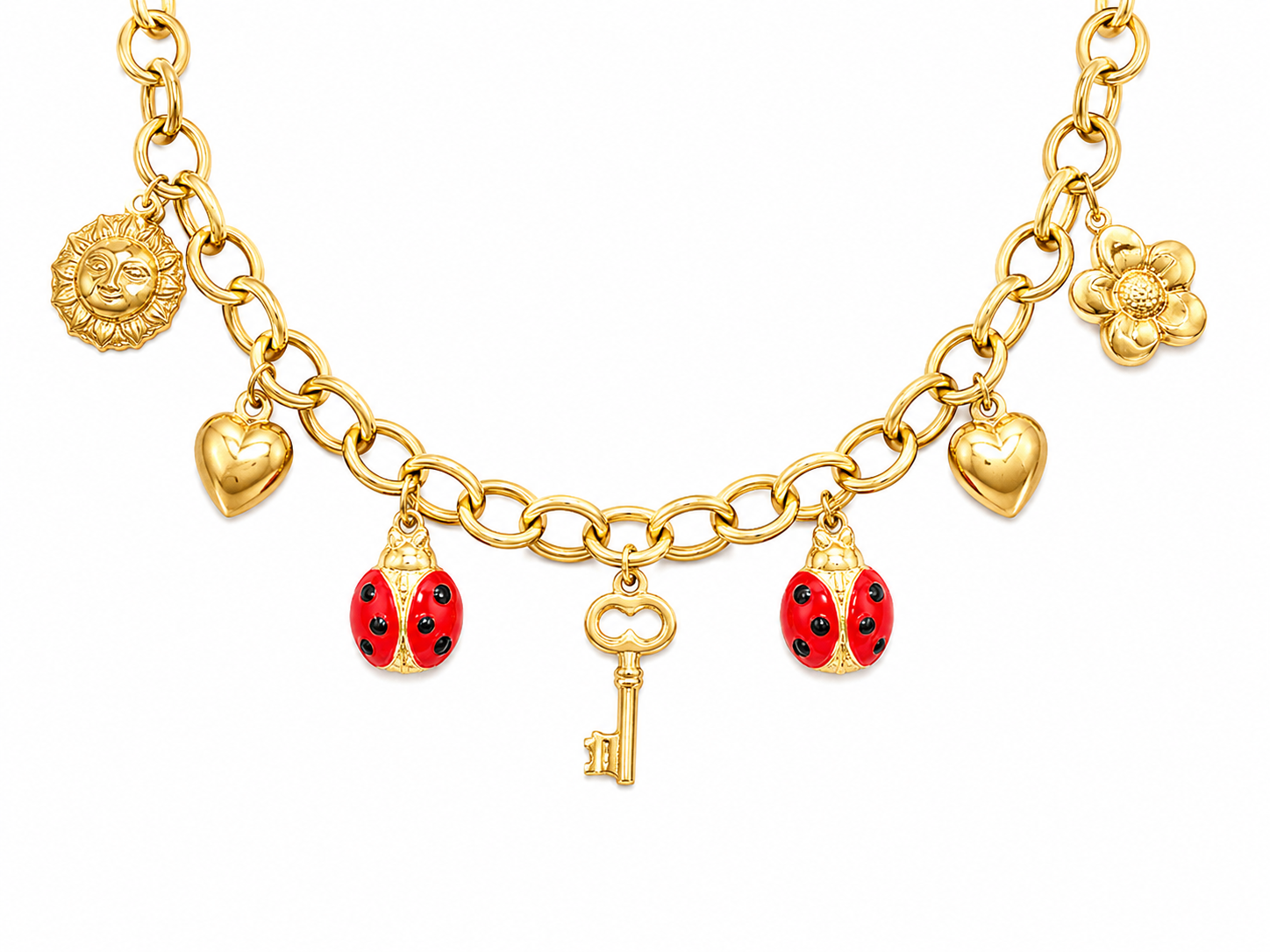 14KT Hollow Yellow Gold Ladies Seven Charm Necklace