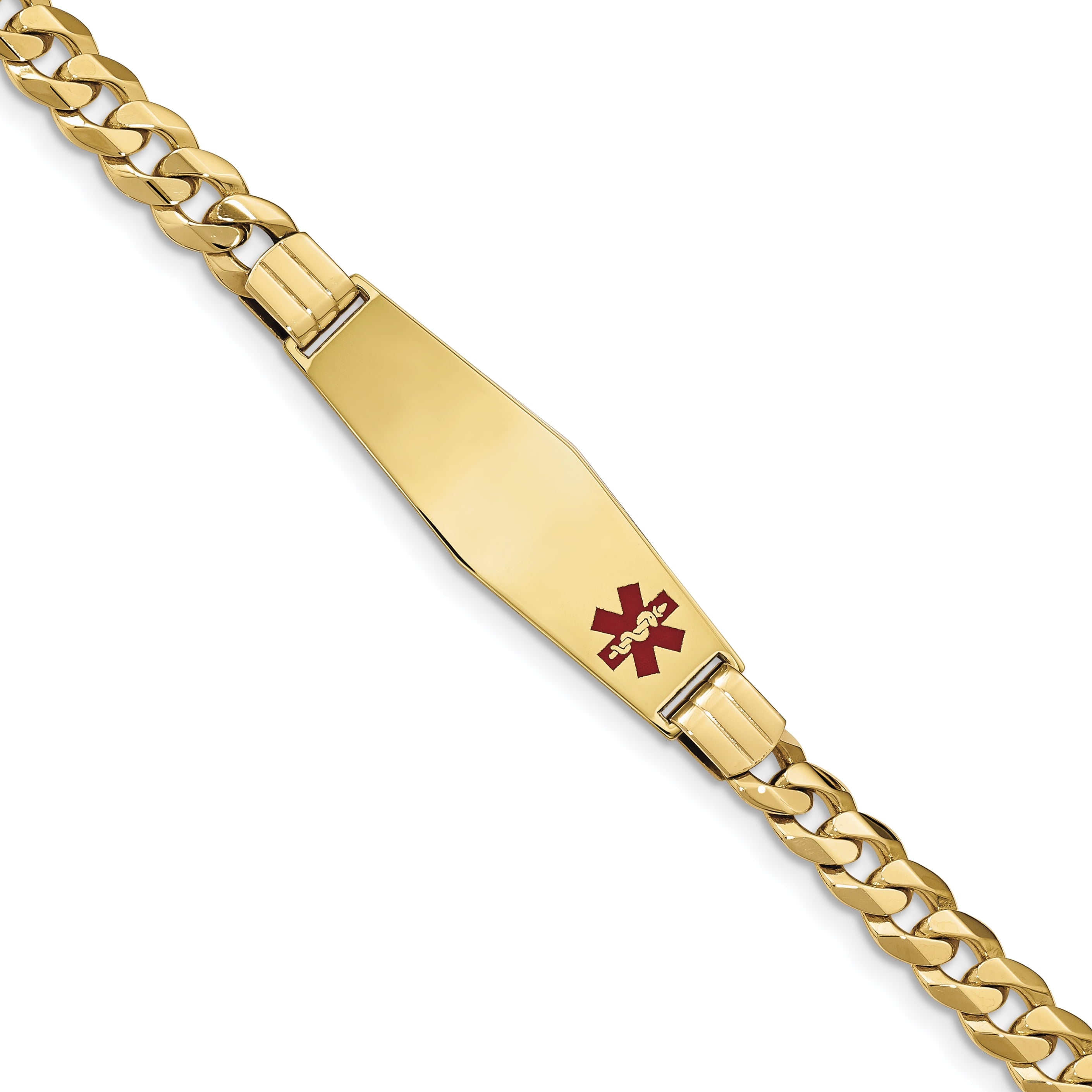 14K Medical Soft Diamond Shape Red Enamel Flat Curb Link Id Bracelet