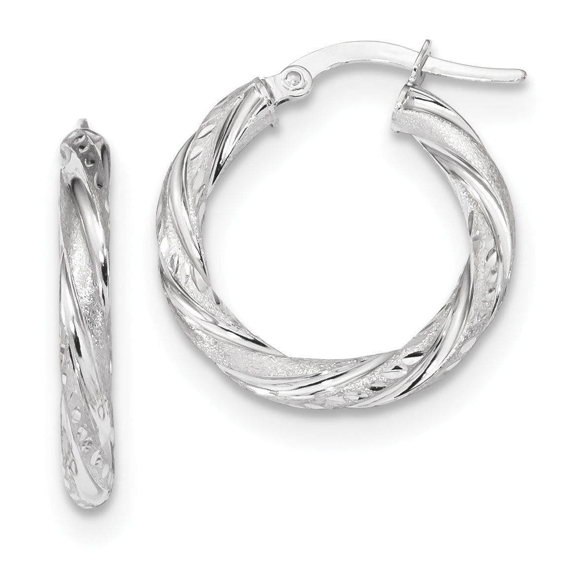 14K White Gold 3Mm Polished & Satin D/C Hoop Earrings