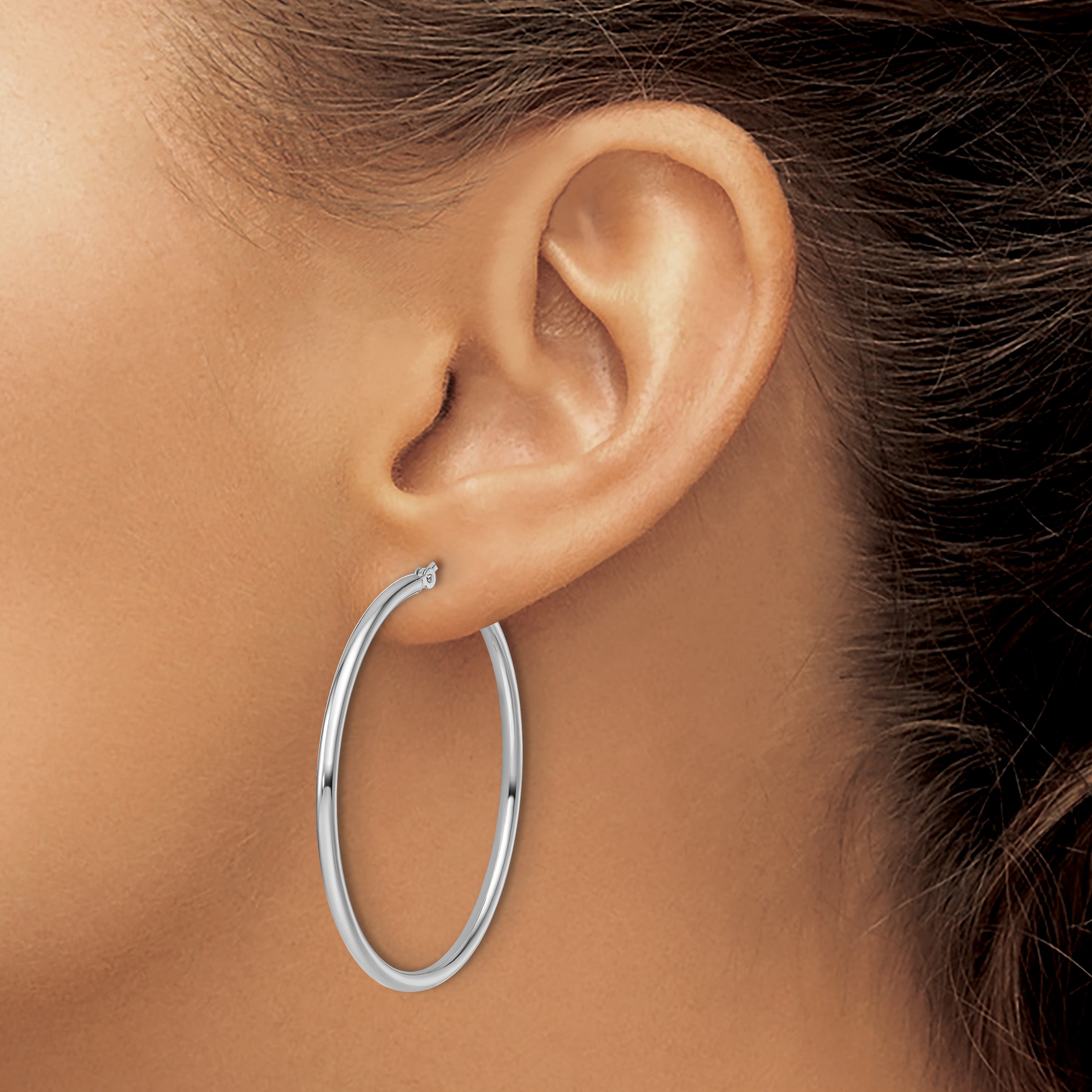 14K White Gold 2x40mm Polished Hinged Hoop Earrings