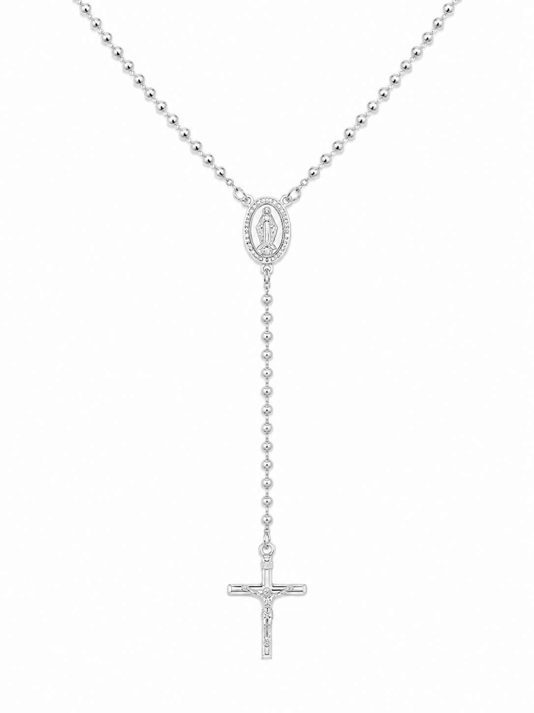 925 Sterling Silver Solid White 3MM Mooncut Rosary Necklace