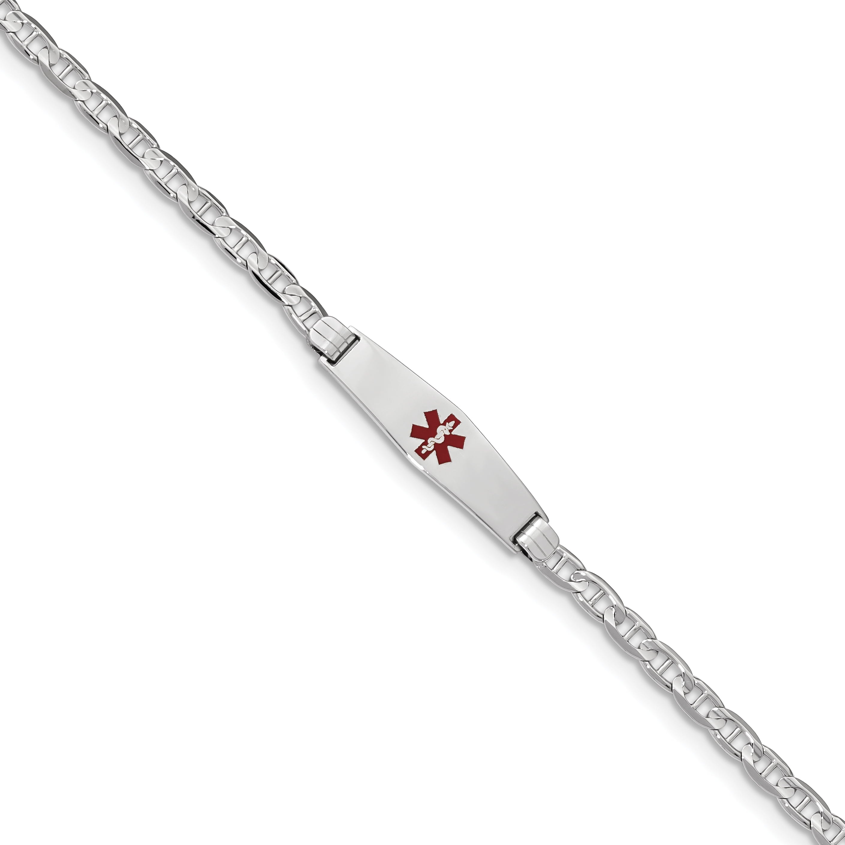 14K Wg Medical Soft Diamond Shape Red Enamel Anchor Link Id Bracelet