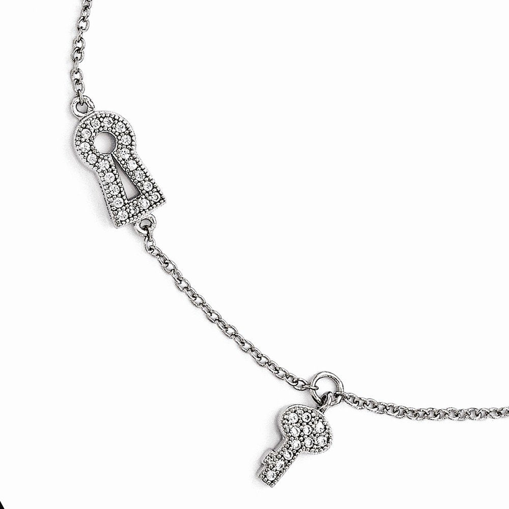 Brilliant Embers Sterling Silver Rhodium-Plated 30 Stone 9 Inch Micro Pava Cz Lock Key Anklet With 1 Inch Extender