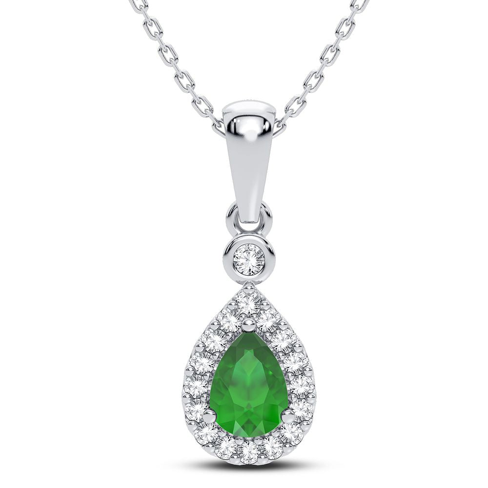14K White Gold Dazzling 0.10Ct Diamond Emerald Pendant