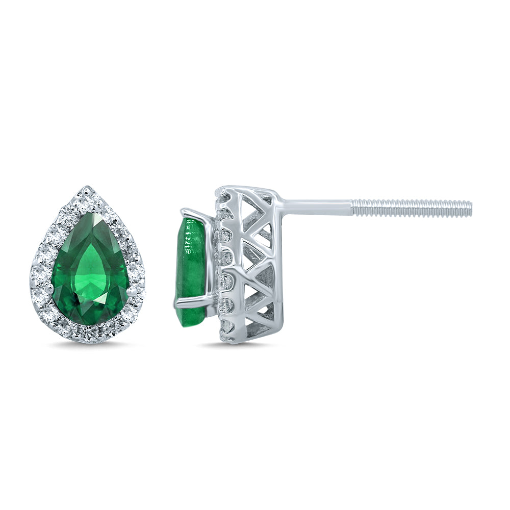14K White Gold Dazzling 0.18Ct Diamond Emerald Earring
