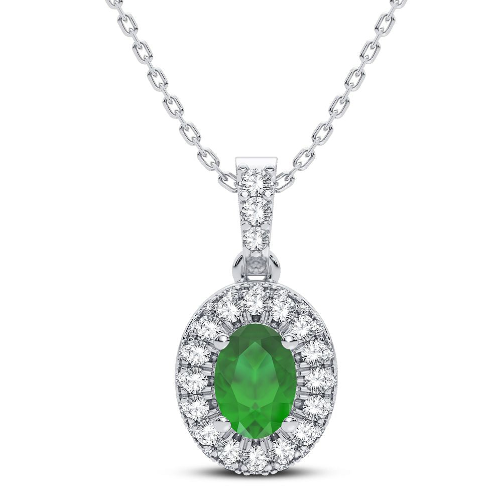 14K White Gold Dazzling 0.35Ct Diamond Emerald Pendant