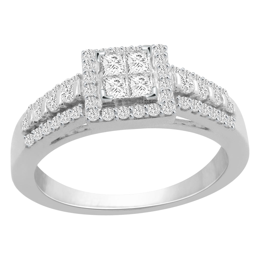 14K White White Gold Ladies Ring With 0.41-0.45 Ct Princess Cut And Round Diamonds