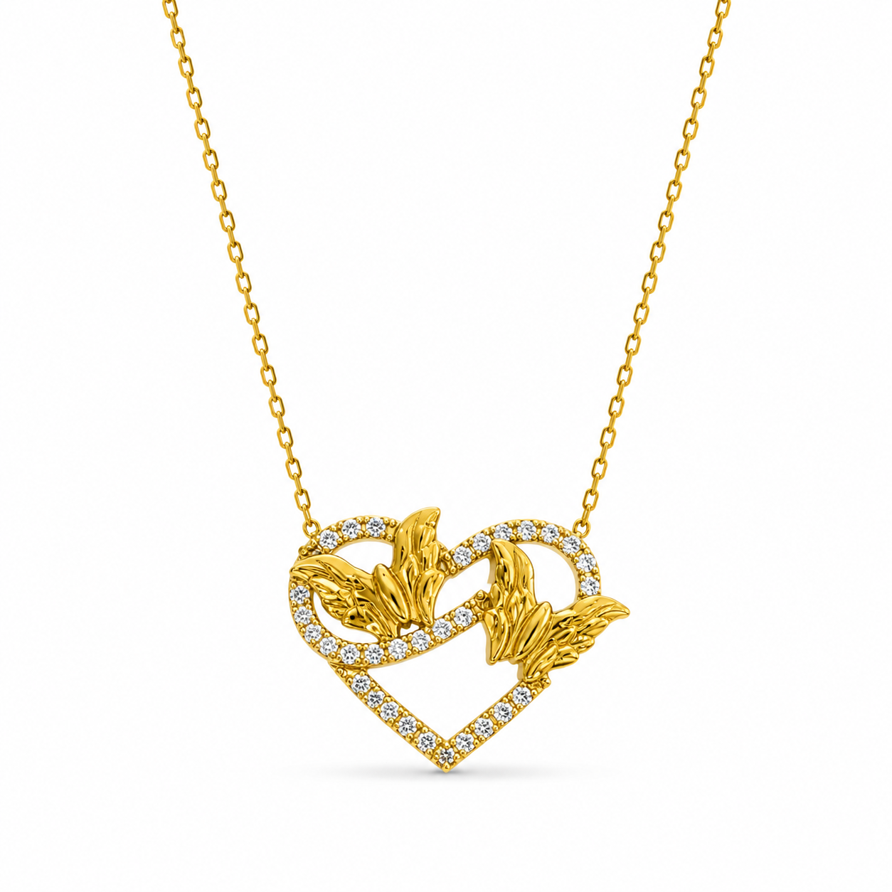 21KT Yellow Gold Butterfly Cubic Zirconium Heart Necklace