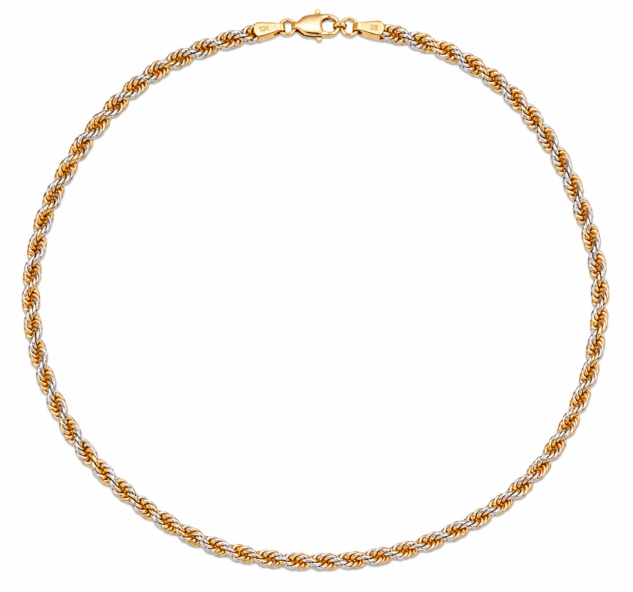 10KT Solid Two-Tone Gold Pave Diamond Cut 2.5 MM Lobster Lock Rope Link Chain