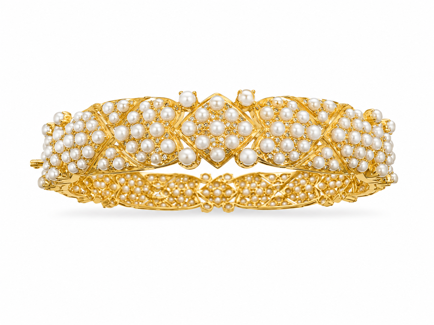 22KT Solid Yellow Gold 11.5 MM Pearl Heart Abstract Hinged Bangle Bracelet
