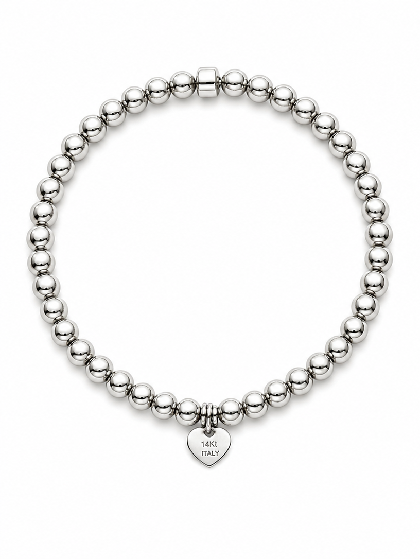 14KT Heart Charm Beaded White Gold Stretchable Bracelet