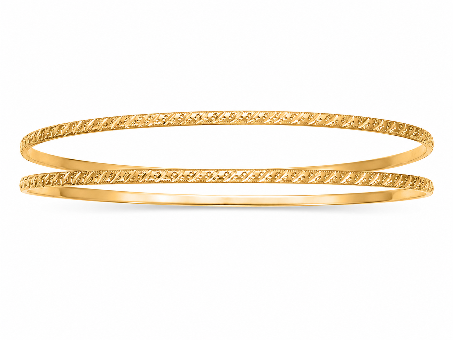 18KT Yellow Gold Diamond Cut Twisted 2 mm Bangle 2 Piece Bracelet Set