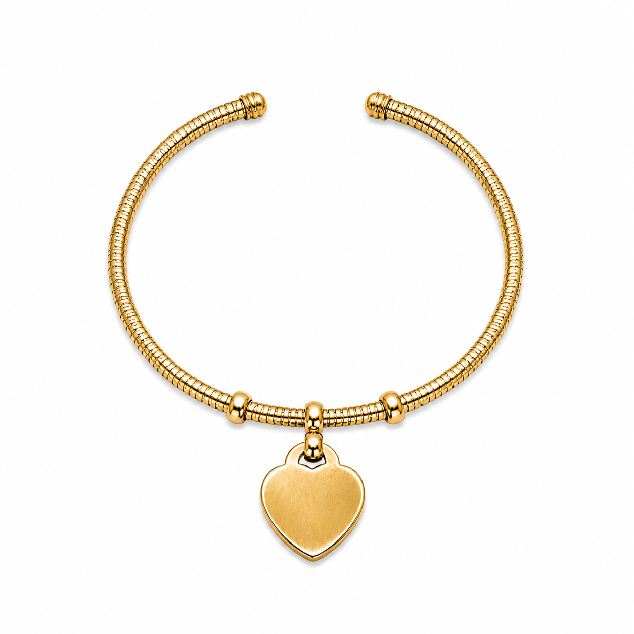 14KT Heart Charm Ribbed Open Yellow Gold Bangle Bracelet