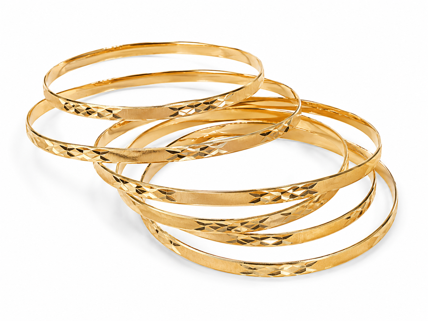 14KT Yellow Gold 7 Piece Pattern Bangle 3.9 MM Bangle Bracelet Set