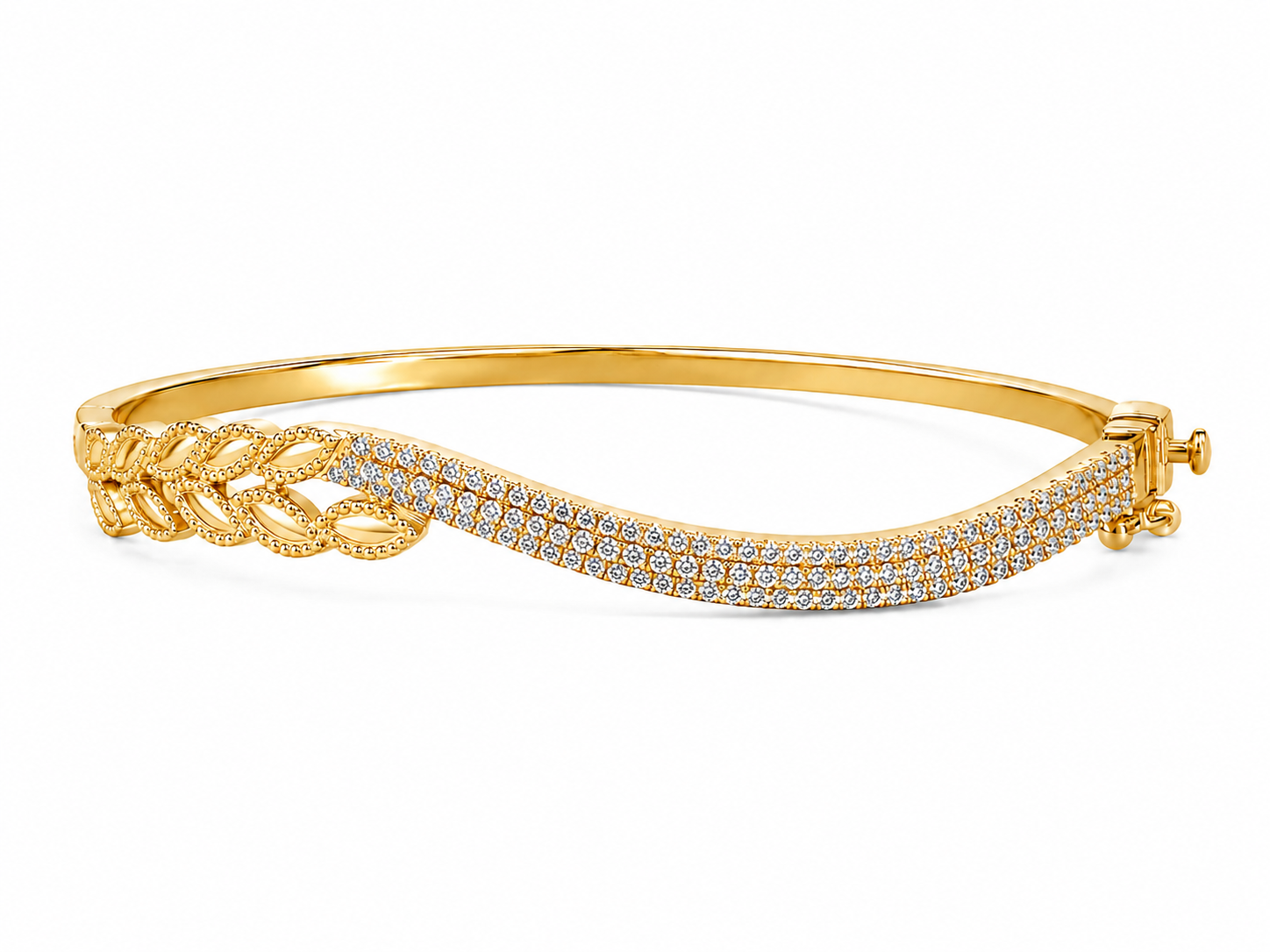 14KT Yellow Gold Leaf Pattern Cubic Zirconium 9 MM Catch Lock Bangle Bracelet